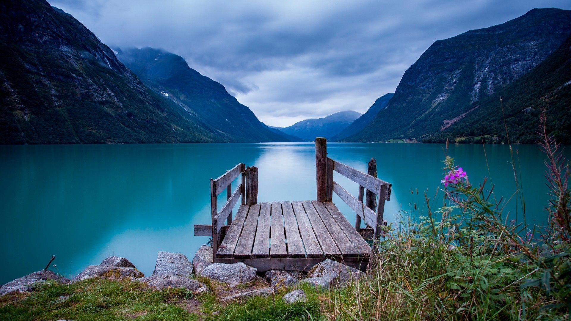 Norway, 5k, 4k wallpaper, bridge, sea, lake, water, blue, sky, clouds, mountain (horizontal). Norway wallpaper, Nature picture, Lake water