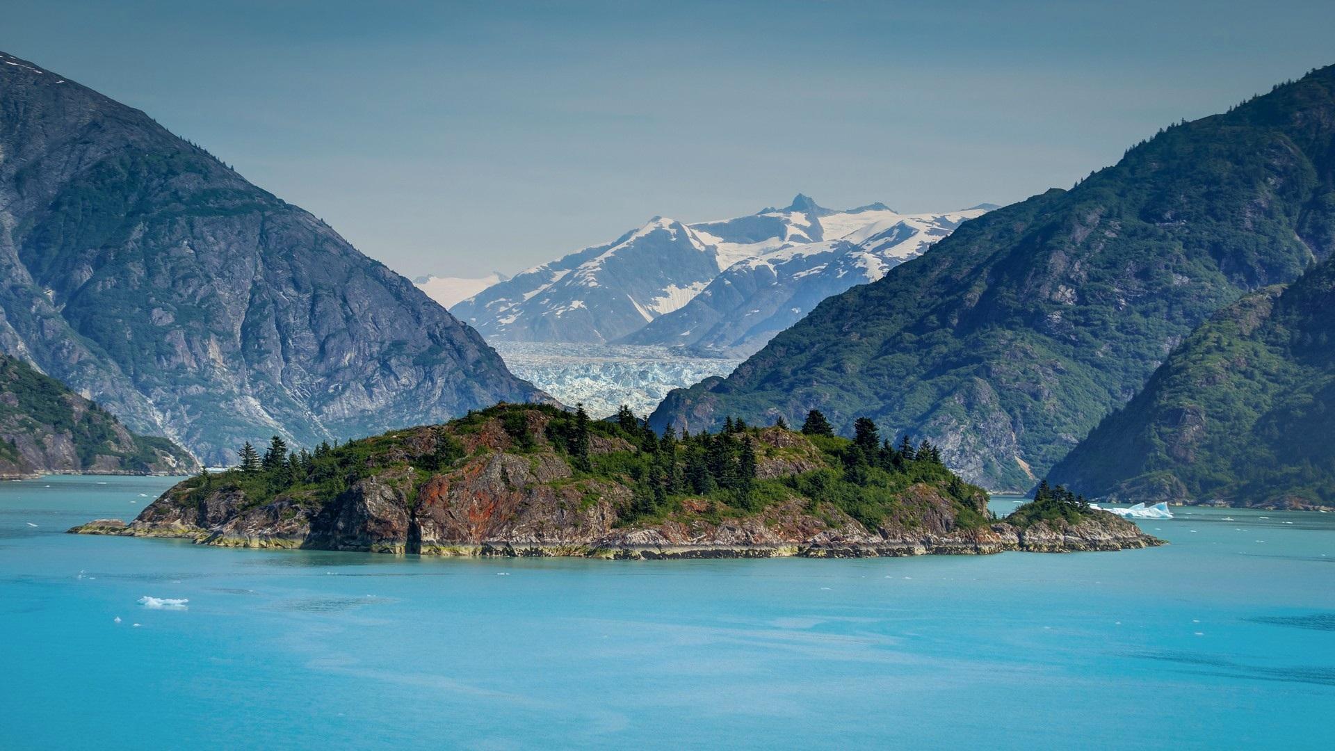 Wallpaper Mountains, lake, island, blue sky 1920x1080 Full HD 2K