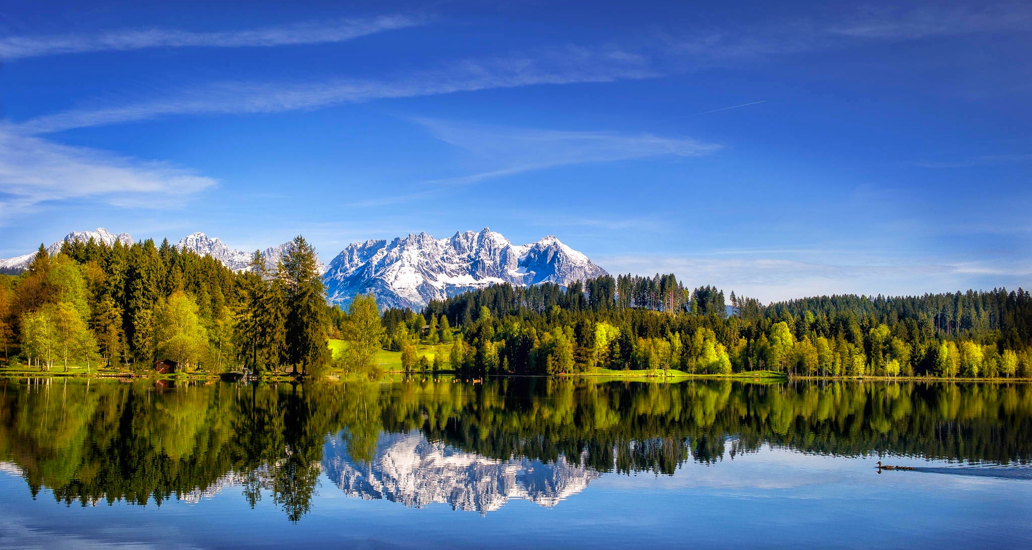 Austria, lake, blue sky, green grass, mountains, snowy peaks