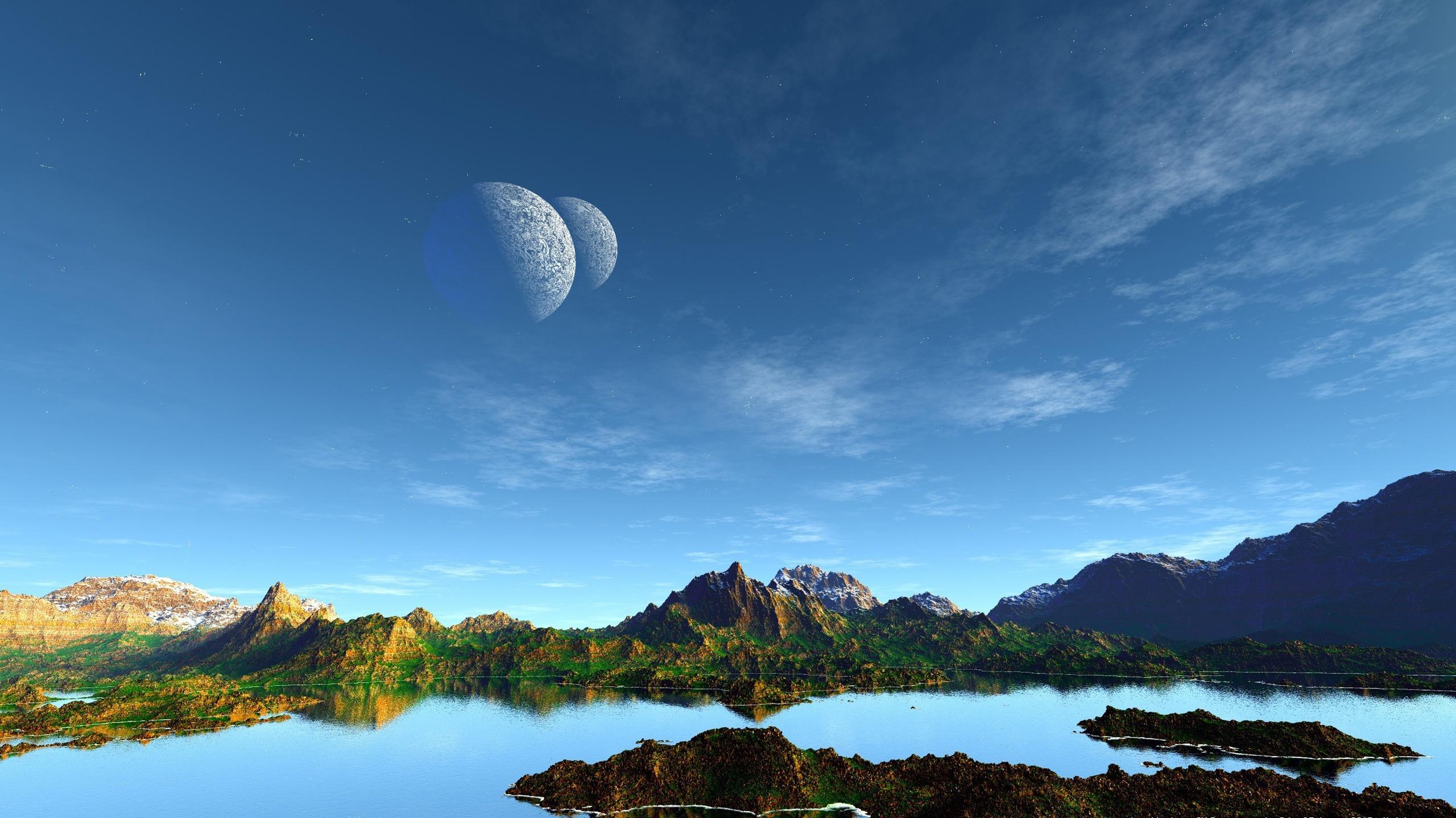 Wallpaper Art landscape, mountains, lake, planets, blue sky