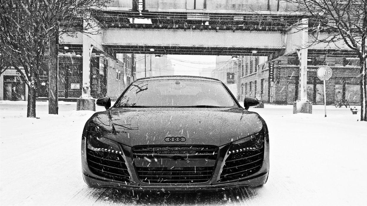 Black and white winter snow cars Audi Audi R8 front view wallpaper