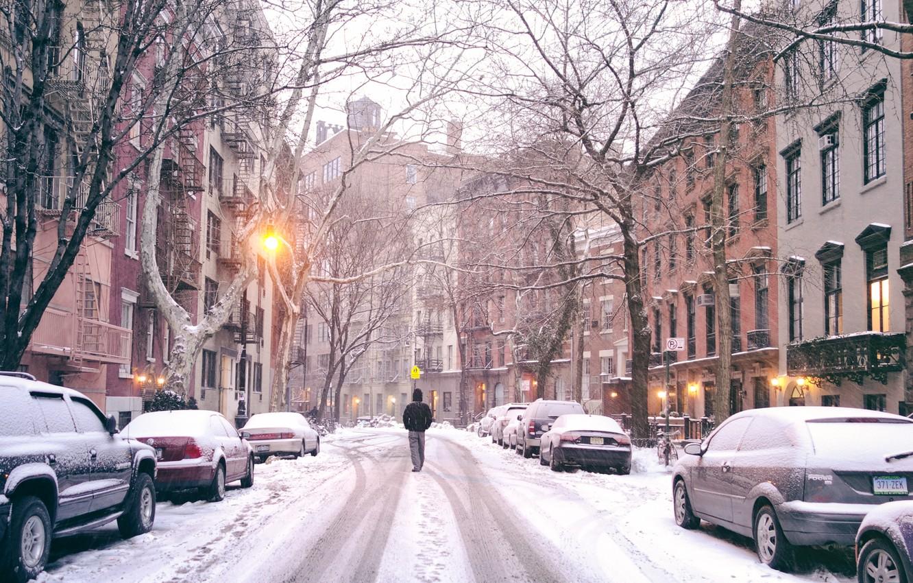 Wallpaper car, USA, United States, Winter, New York, Manhattan, NYC, Snow, man, Road, America, vehicles, United States of America, New York City on a Winter Evening in the West Village