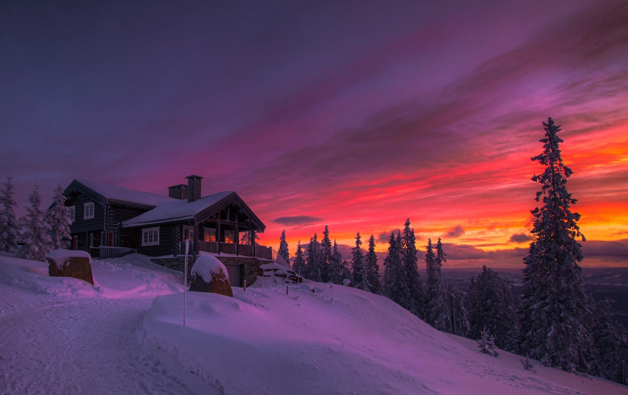 Winter, Sunset, Clouds, Forest, Cottage, Snow, Cold