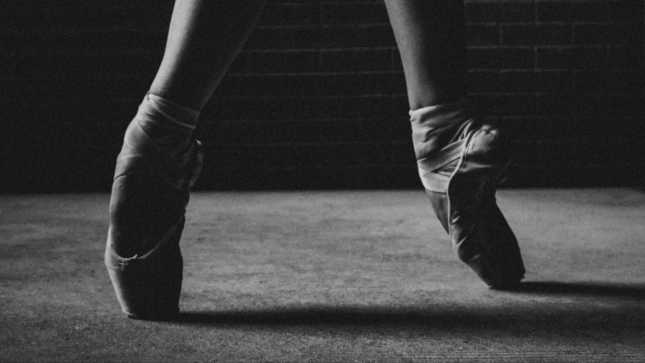 Download wallpaper 2560x1440 ballerina, pointe shoes, legs, bw