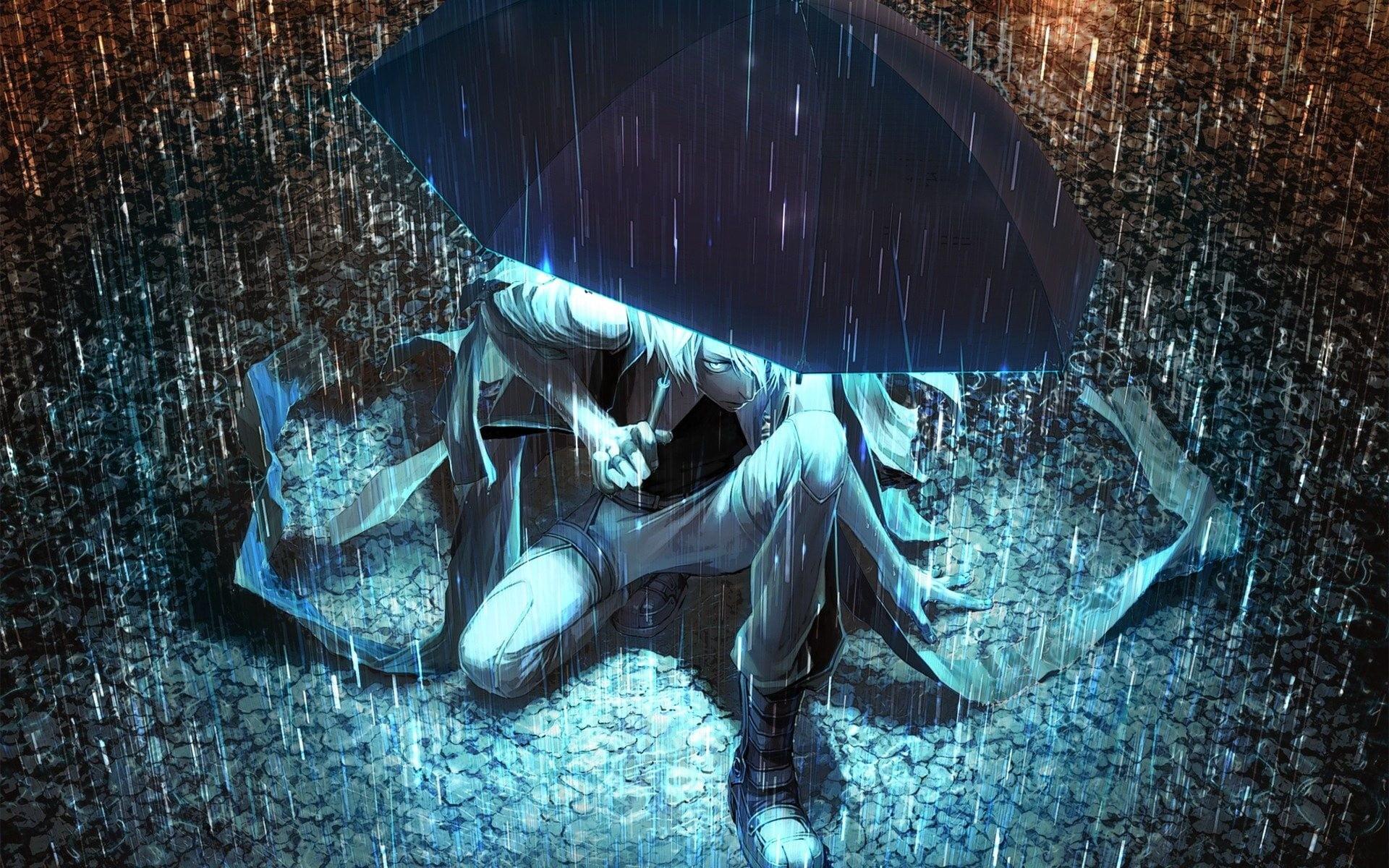 White Haired Person Under Umbrella Fanart, Anime, Neon, Rain