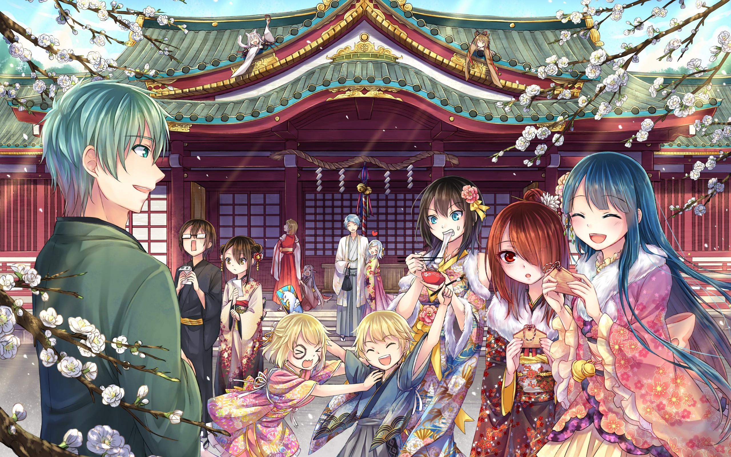 Download 2560x1600 Anime Girls, Friends, Anime Boy, Kimono