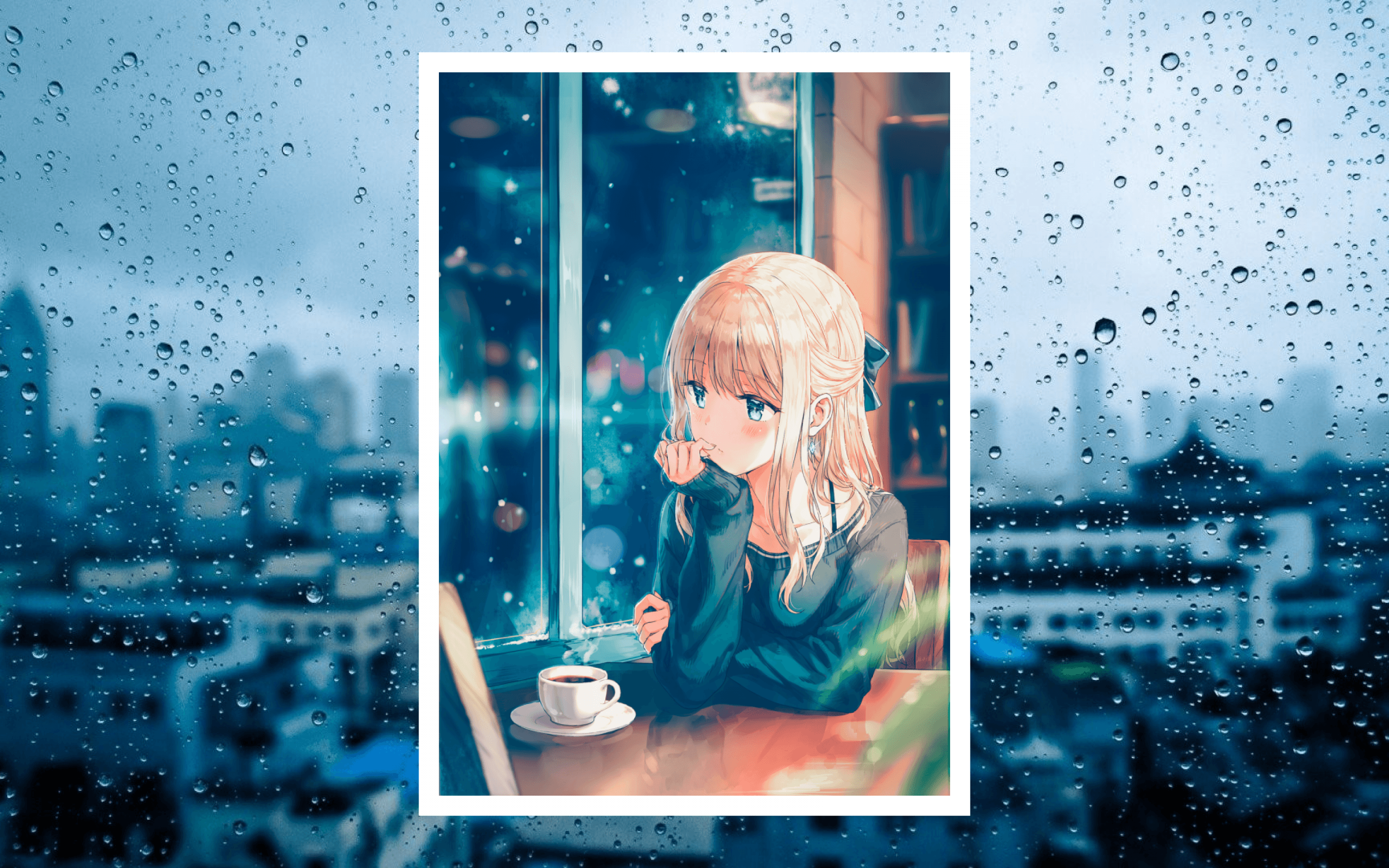 Download 2880x1800 Anime Girl, Window, Raining, Coffee, Blonde