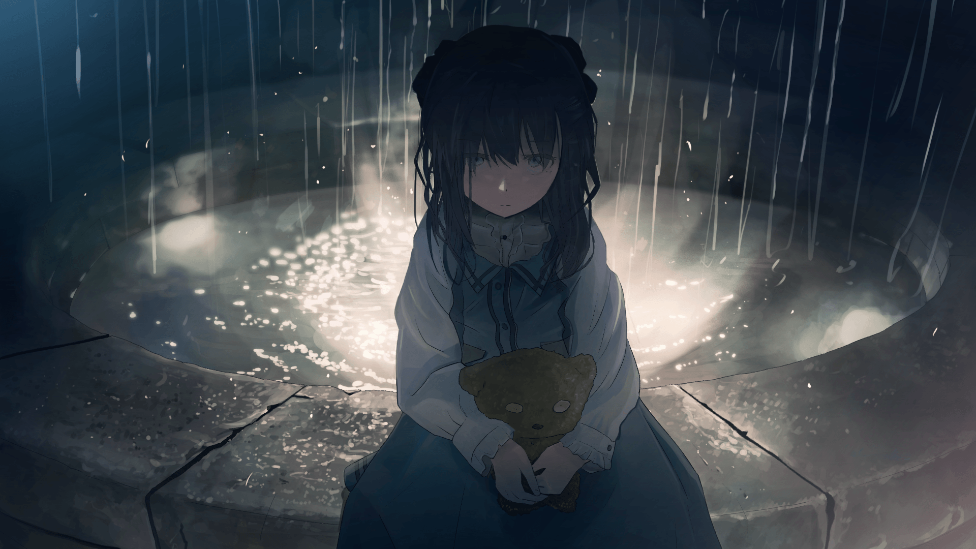 sad anime boy and girl in the rain