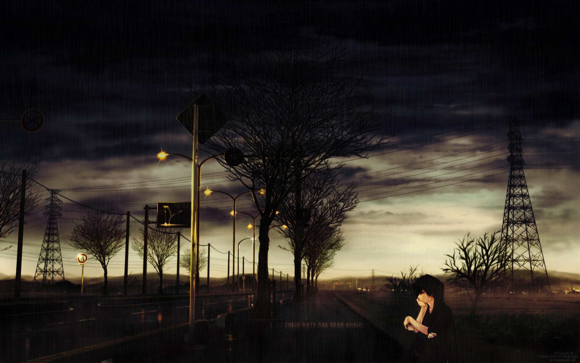 Download 1920x1200 Anime sad guy off the road in the rain wallpaper