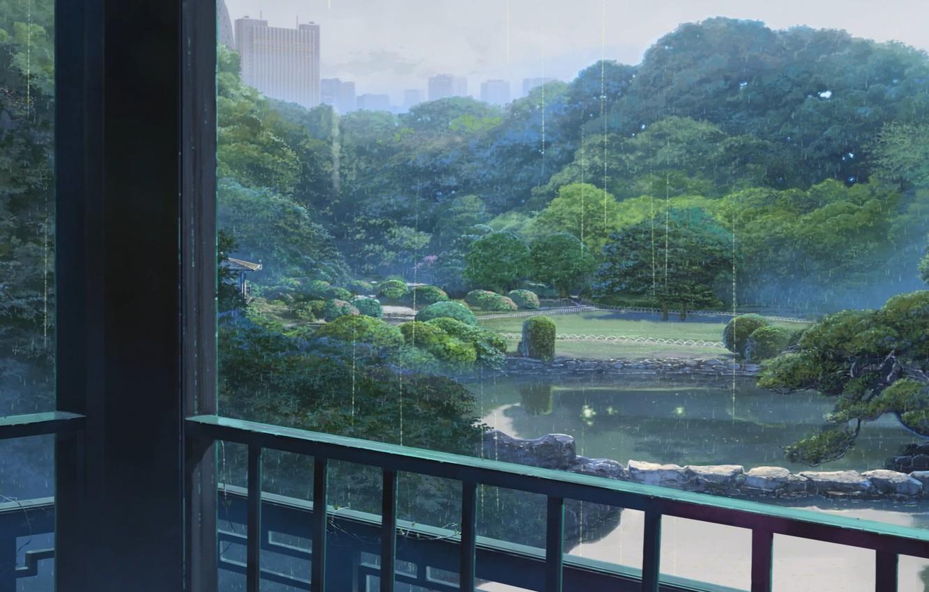 Wallpaper Drops, Lake, Trees, Rain, Building, Park, Anime, Makoto