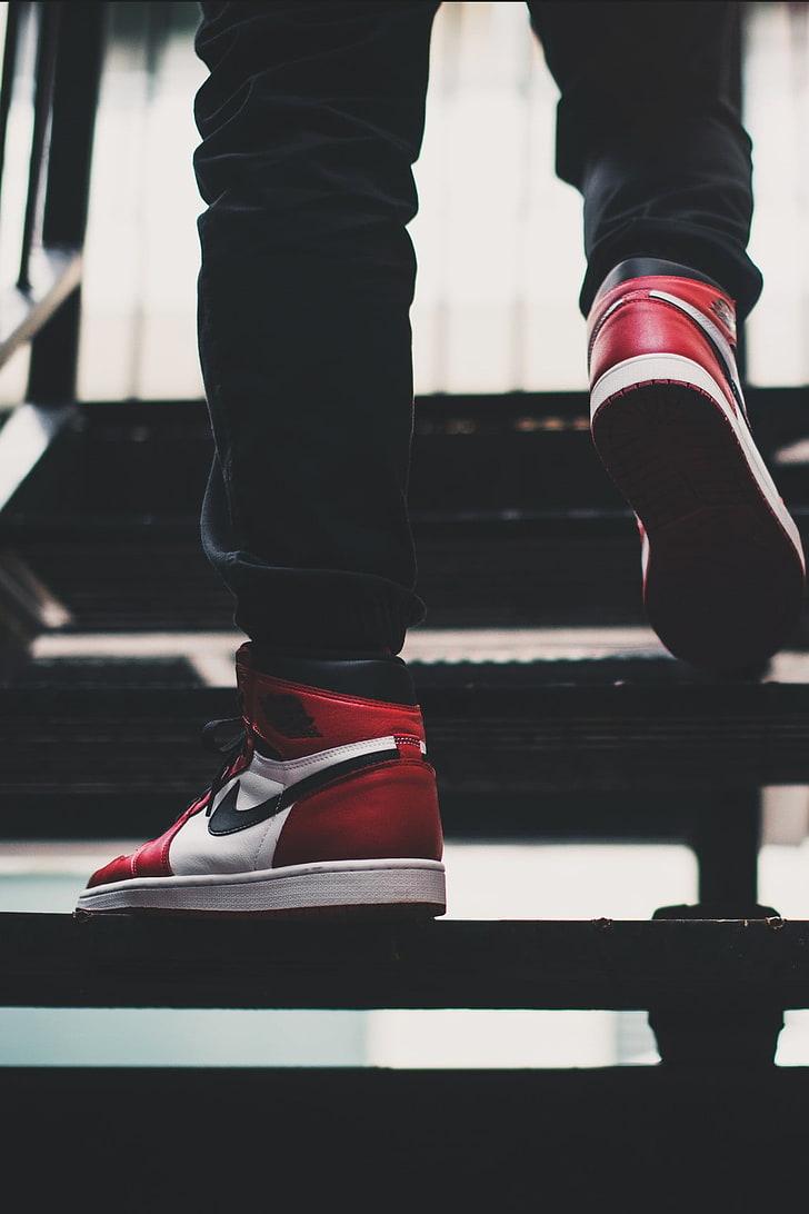 HD Wallpaper: Pair Of Red And White Nike Air Jordan 1's, Shoes, Stairs, Human Body Part