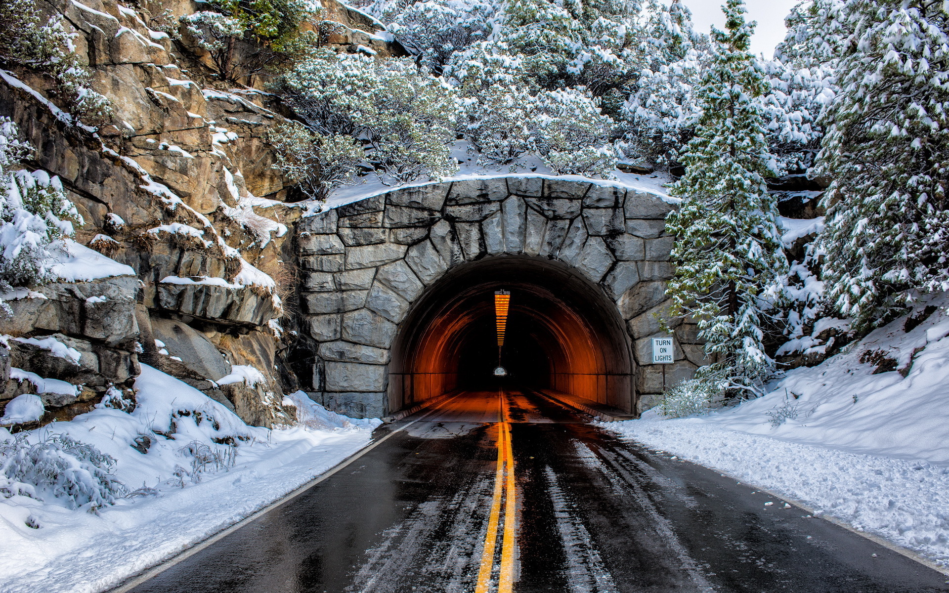 Tunnel road landscape winter snow wallpaperx1200