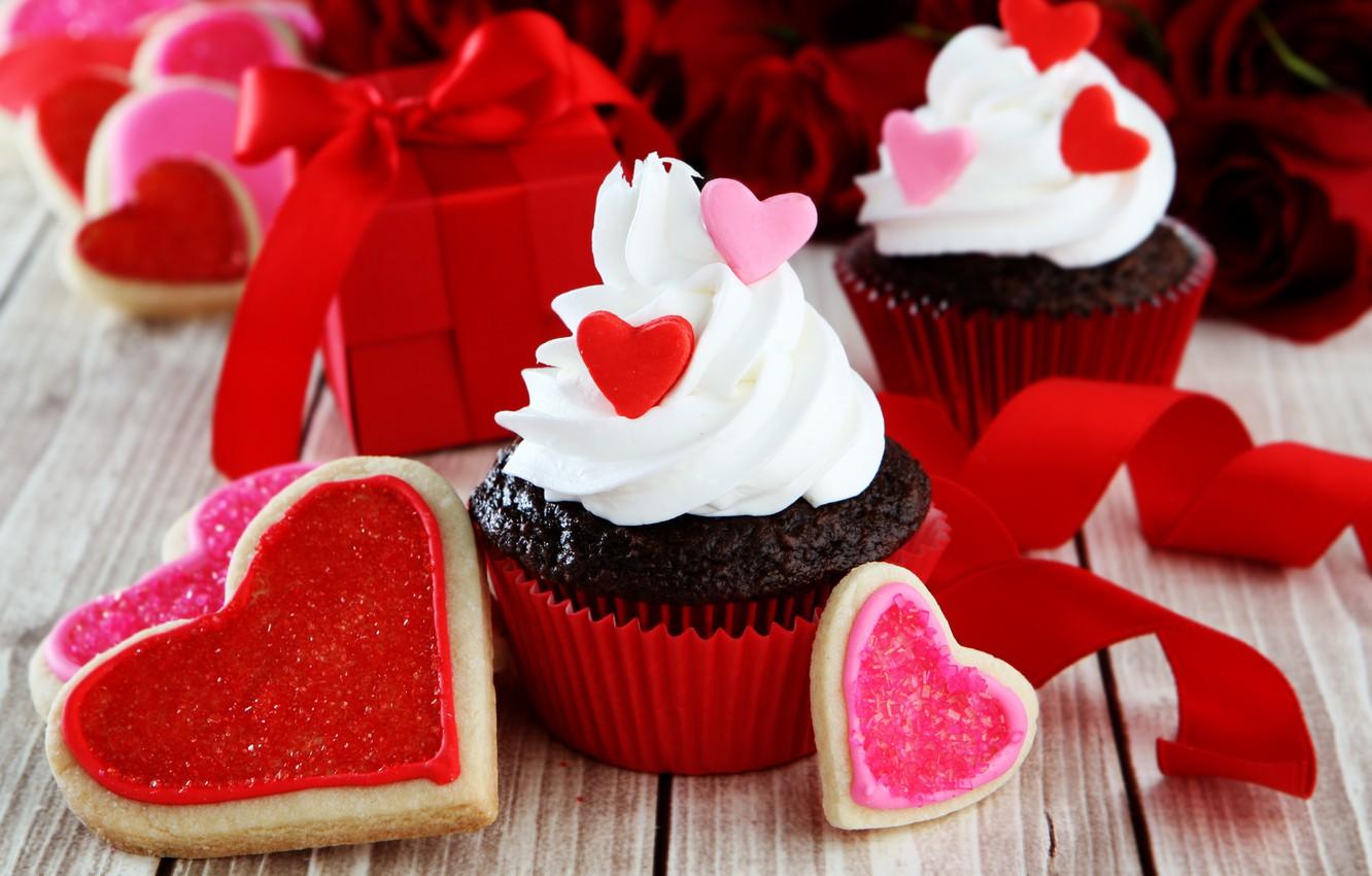 Wallpaper hearts, red, love, romantic, hearts, sweet, valentine's day, cupcake, cupcakes image for desktop, section праздники