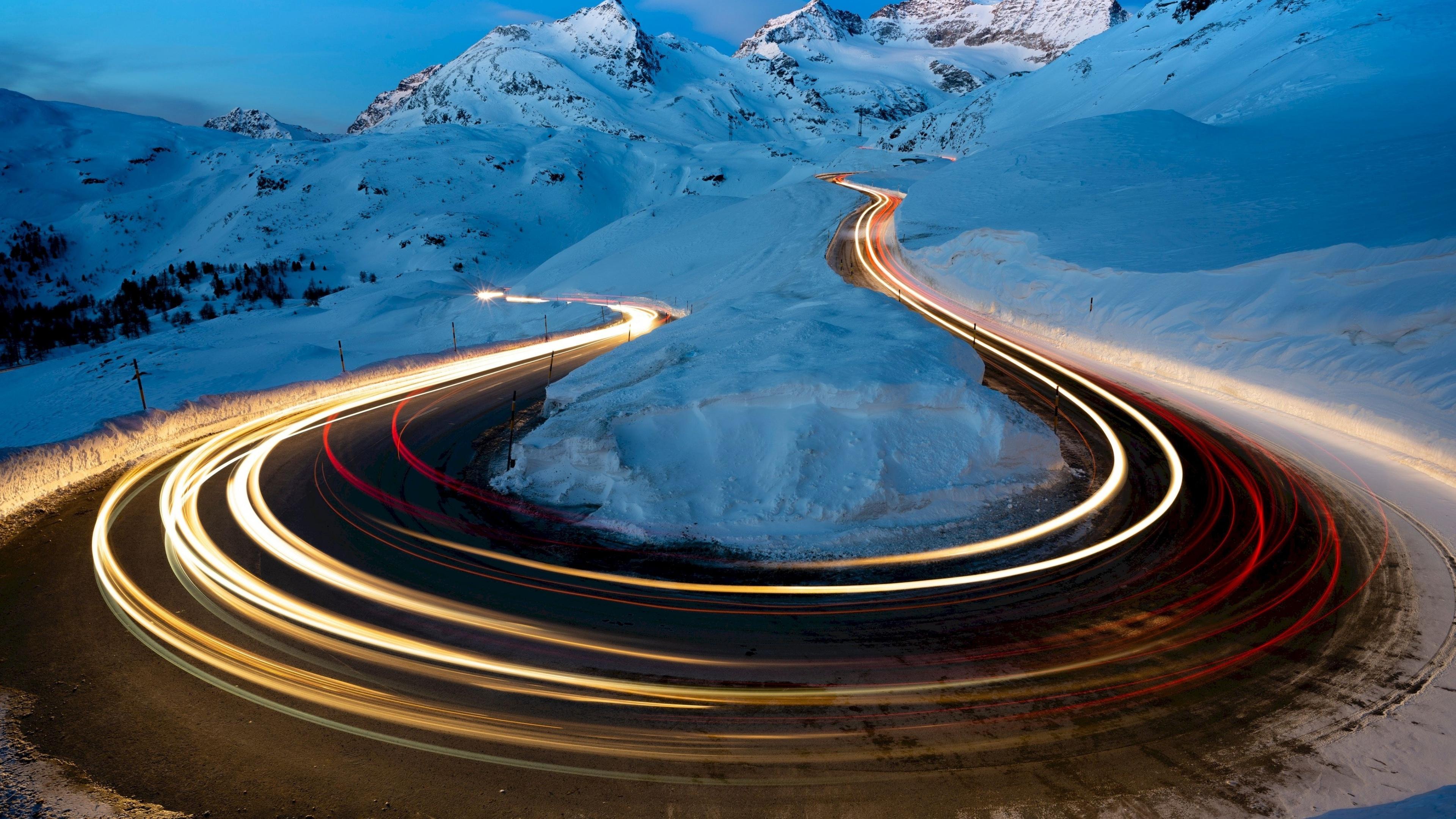 Download 3840x2160 wallpaper winter, road turn, long exposure