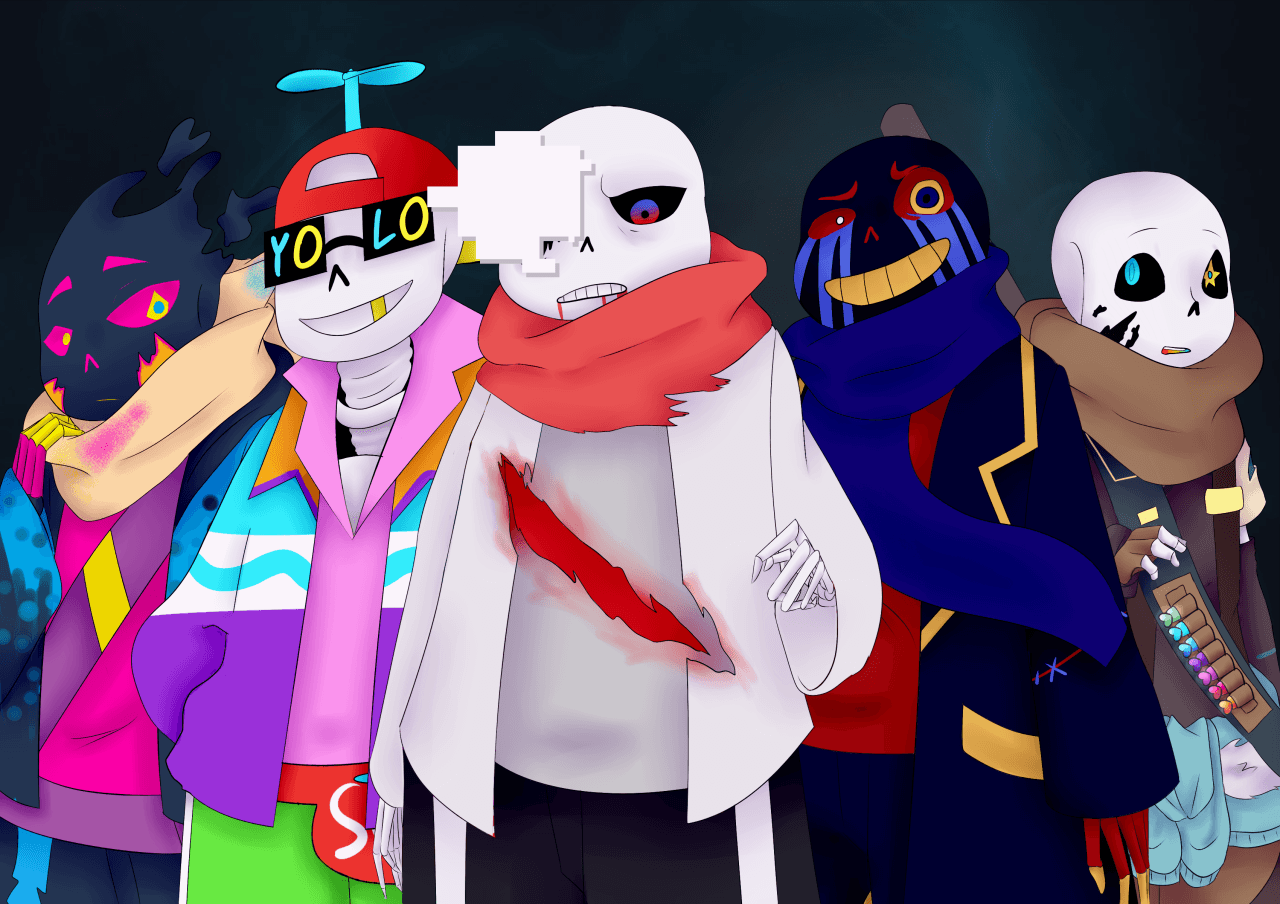 From left to right- Paperjam, Fresh!Sans, Aftertale!Sans, Error!Sans and Ink!Sans