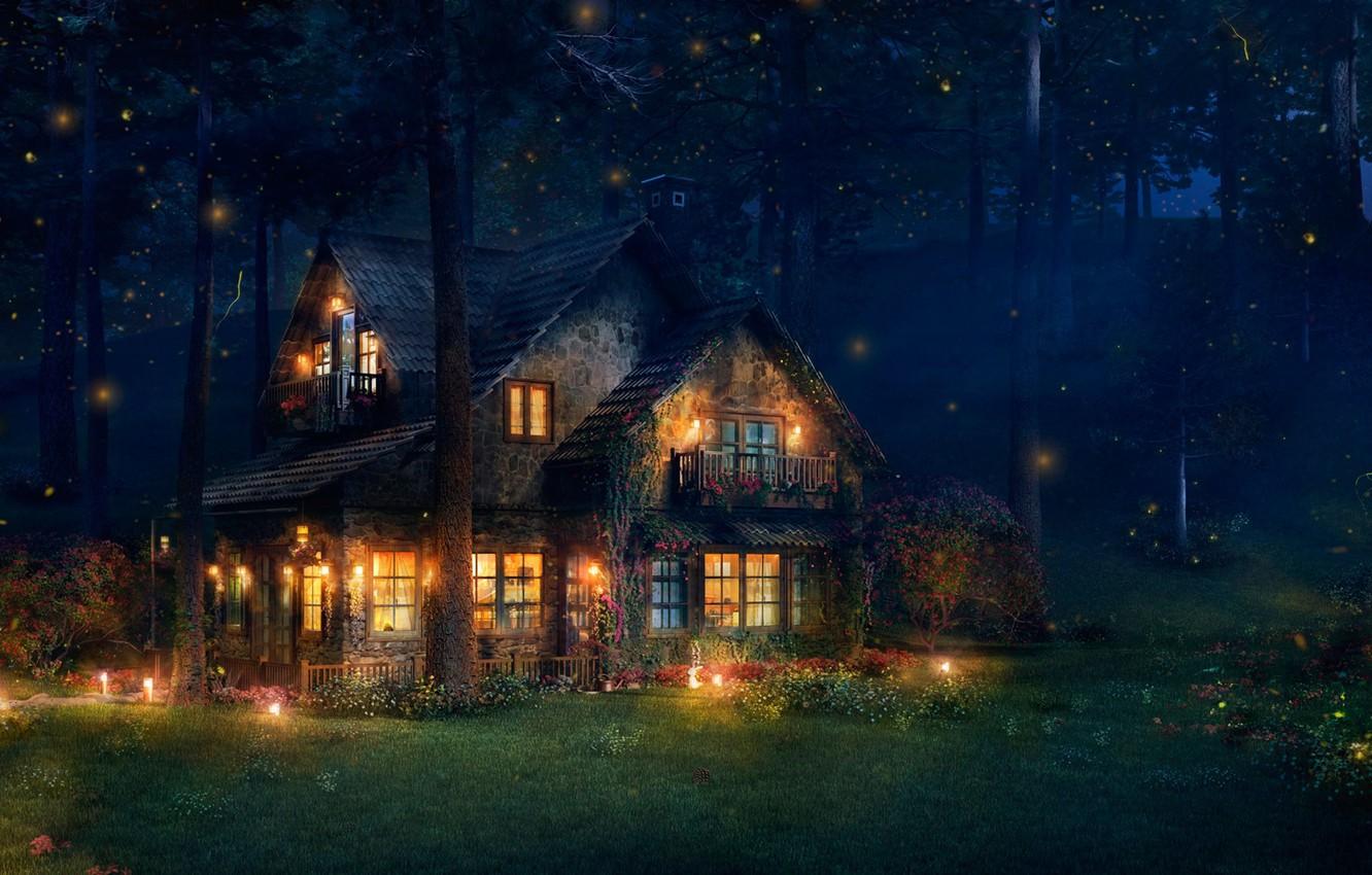 Wallpaper forest, house, fireflies, art, The Firefly Cottage