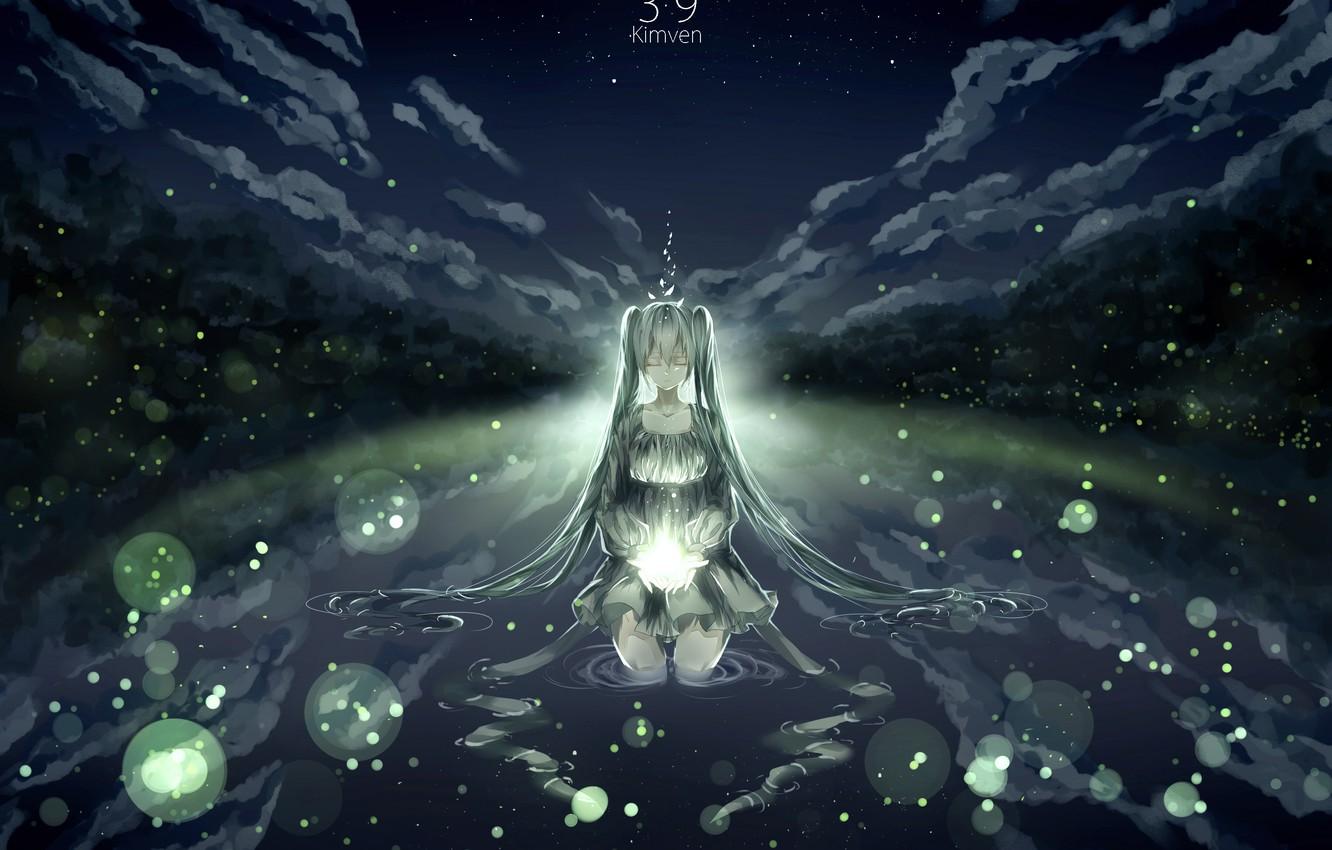 Wallpaper the sky, water, girl, clouds, nature, fireflies, anime