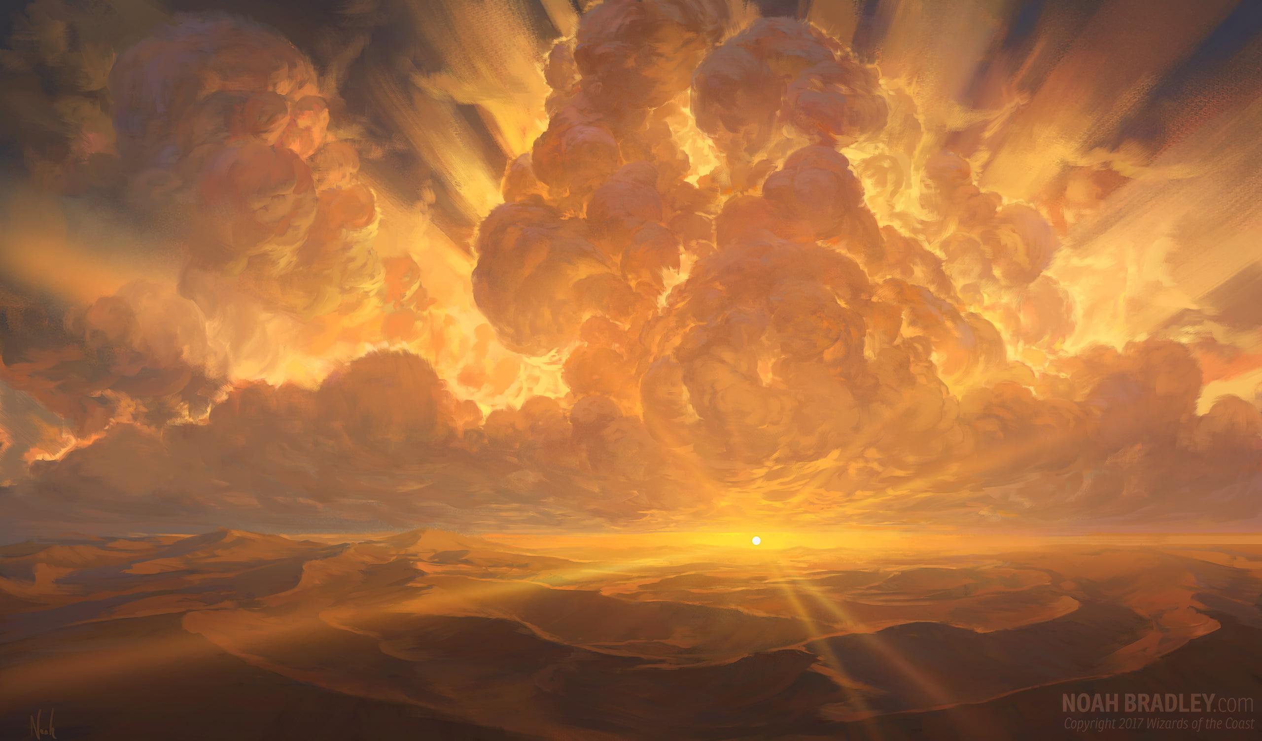 Brown and black abstract painting, Noah Bradley, landscape, sun