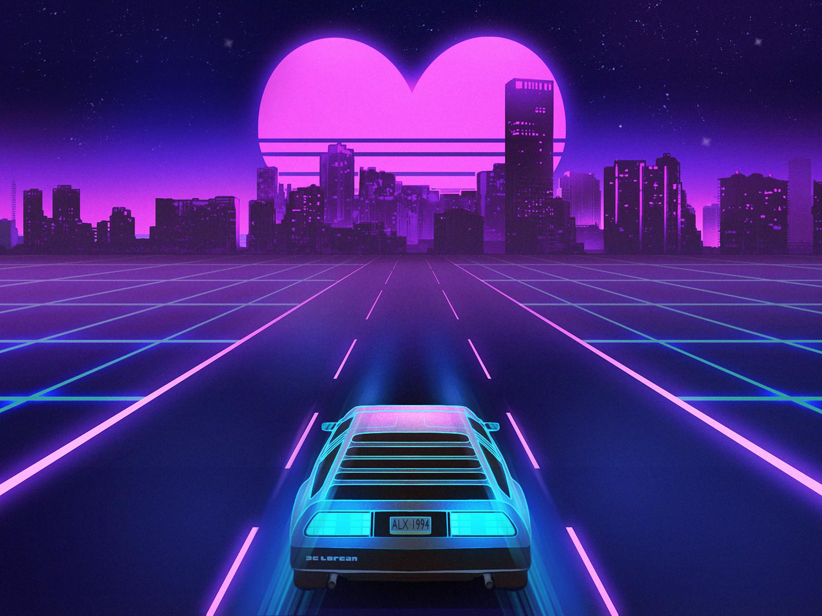 1980s Delorean Vaporwave Heart Shape Sunset 1600x1200 Resolution HD 4k Wallpaper, Image, Background, Photo and Picture