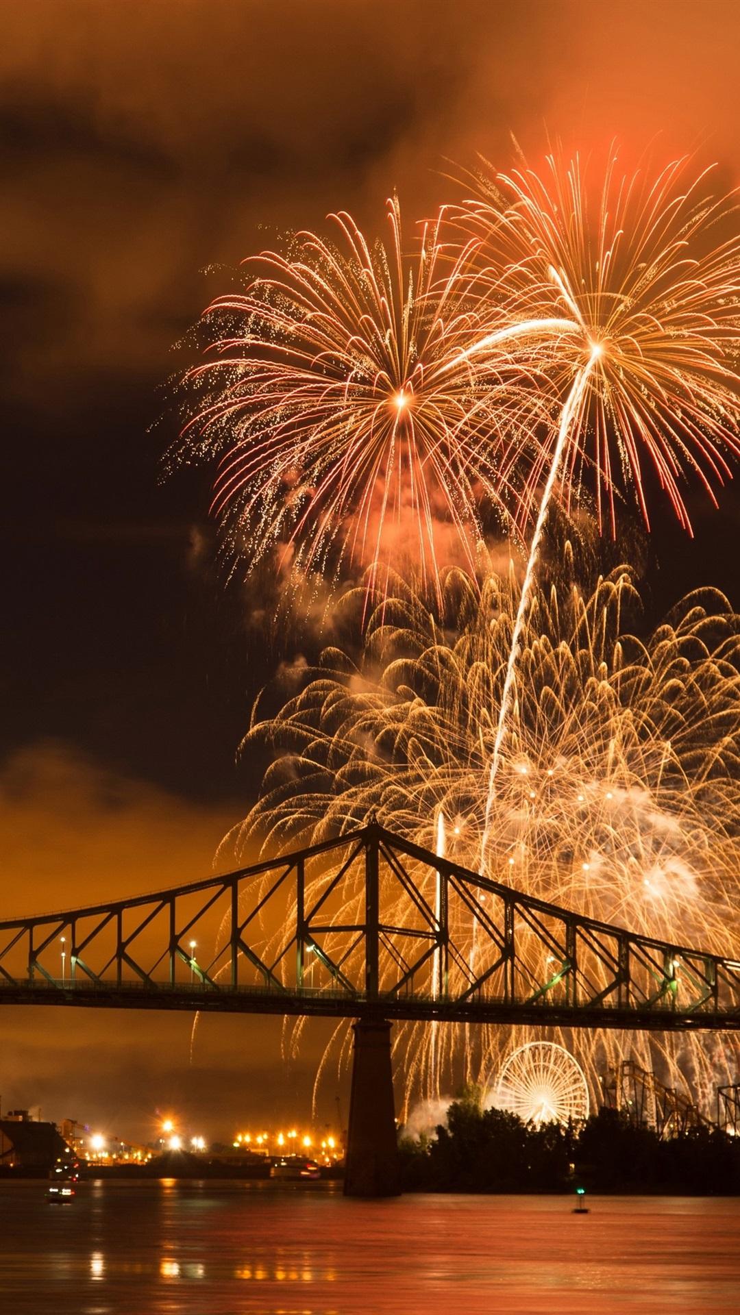 City night, fireworks, river, bridge, lights, Montreal, Canada