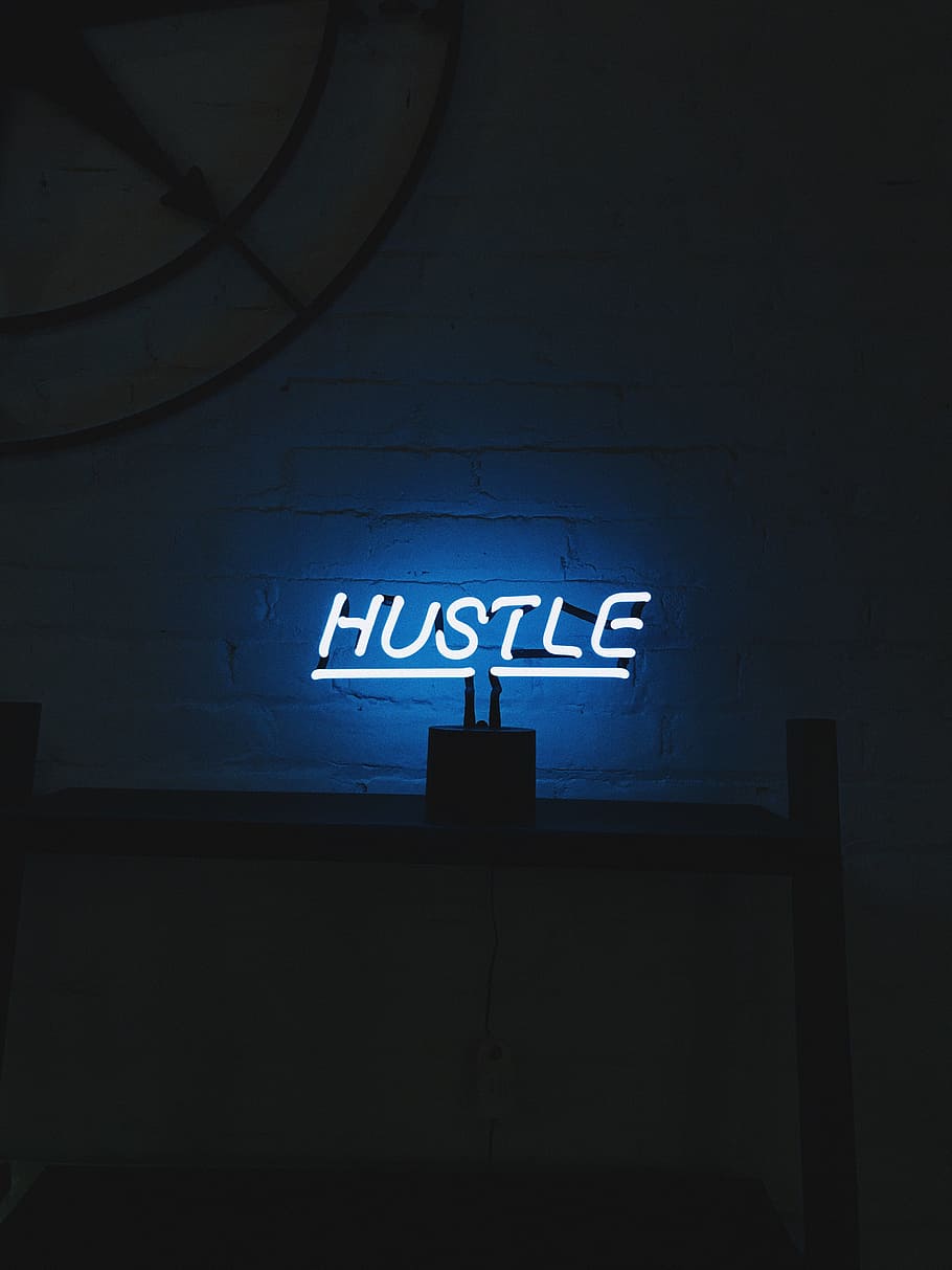 HD wallpaper: hustle LED signage turned on, neon, light, blue