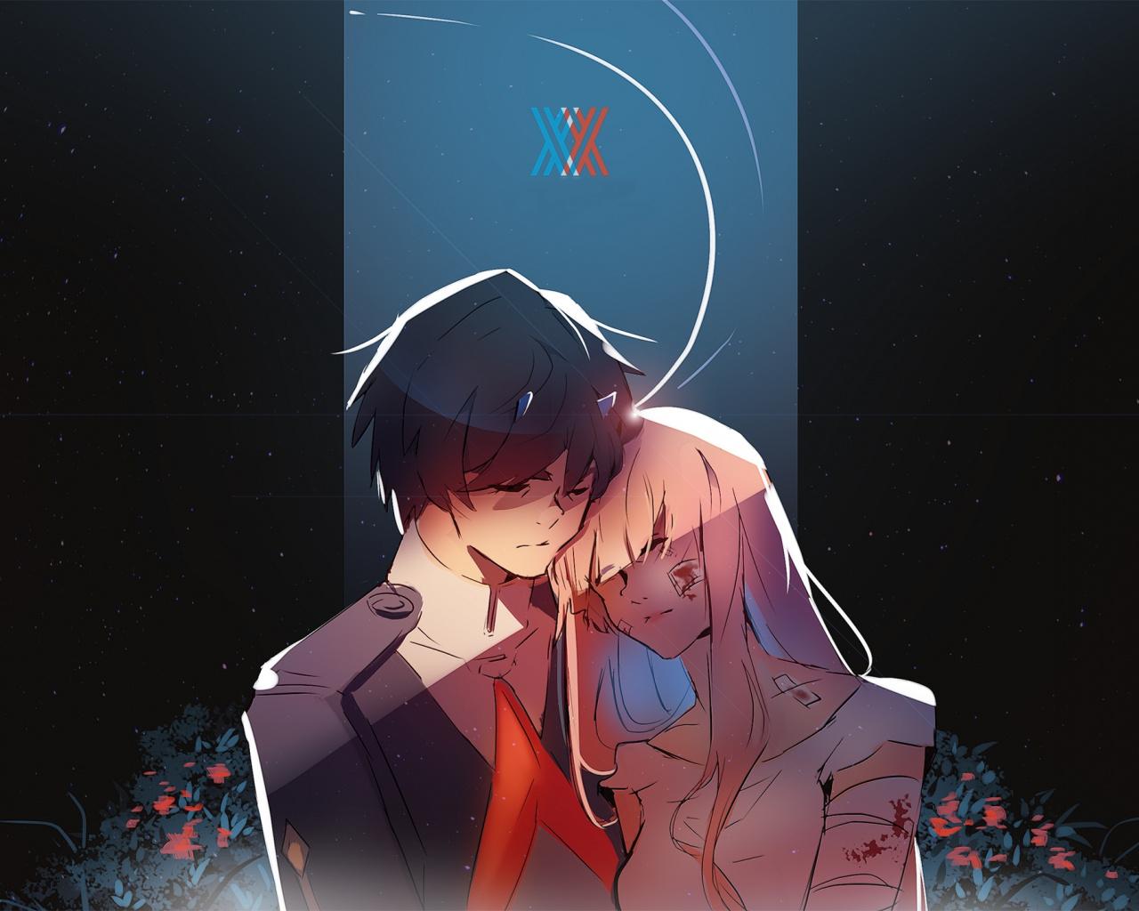 Download Hiro and zero two, love, anime, couple, hug, art