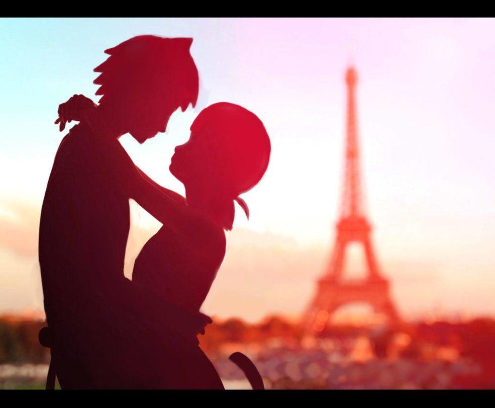 Ladybug and Cat Noir's romantic silhouette shadows in Paris France