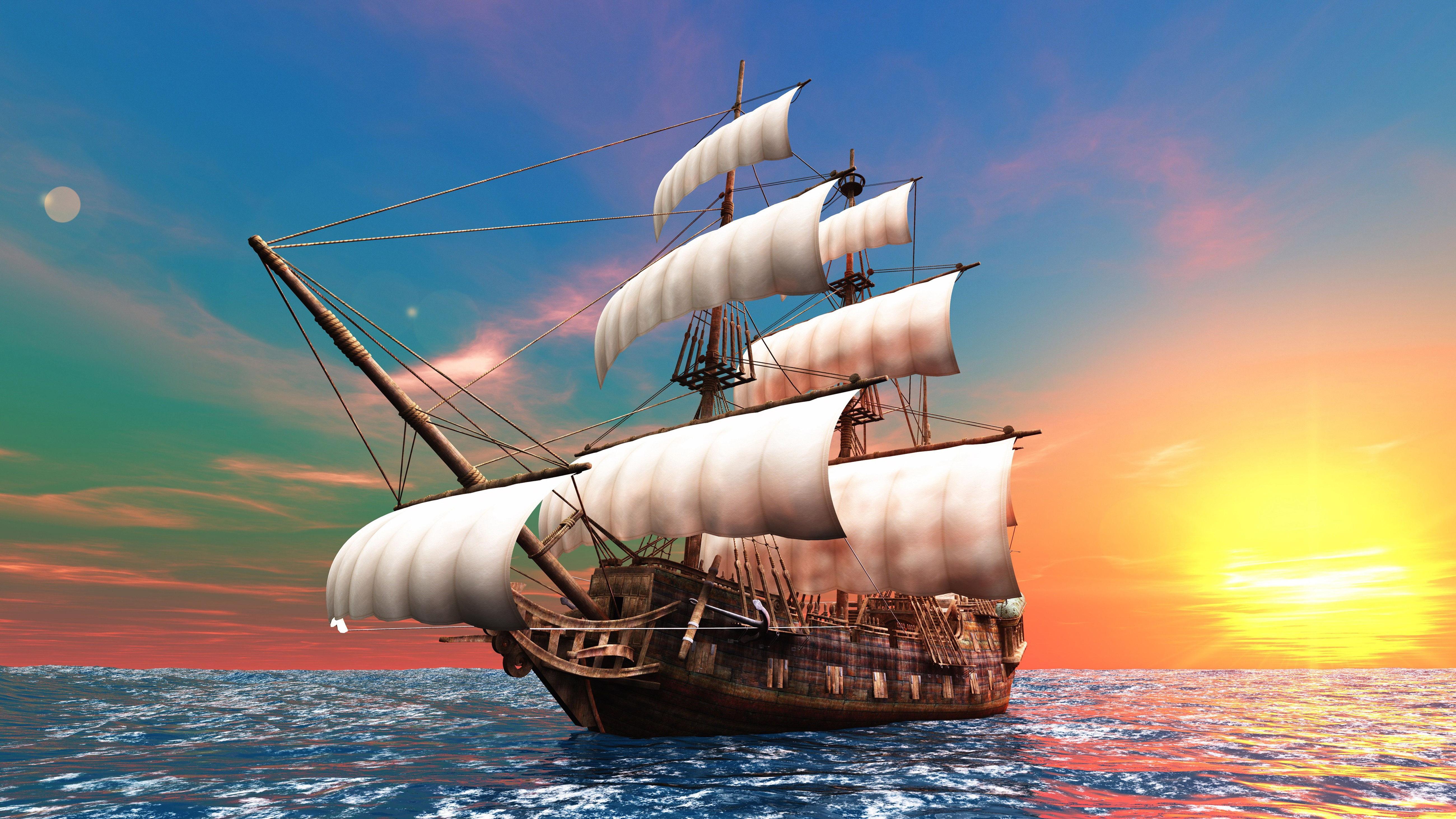 Ship White sails Sea Sunsets Red Sky Horizon Beautiful Wallpaper