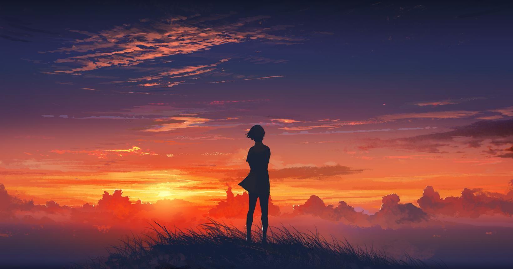 Sunset Anime. 風景デザイン, アート背景, 夕焼け