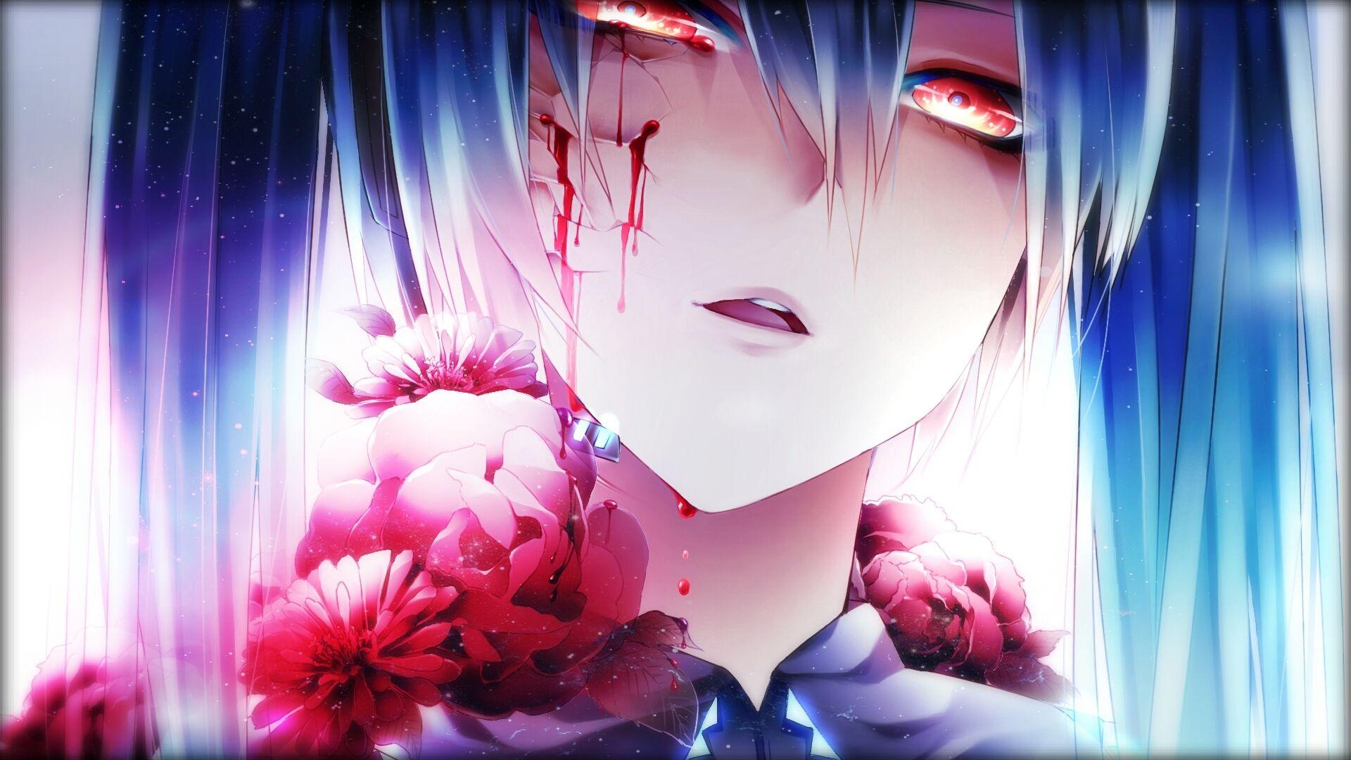 Hatsune Miku, Blood, Vocaloid, Flowers, Face Portrait. Anime