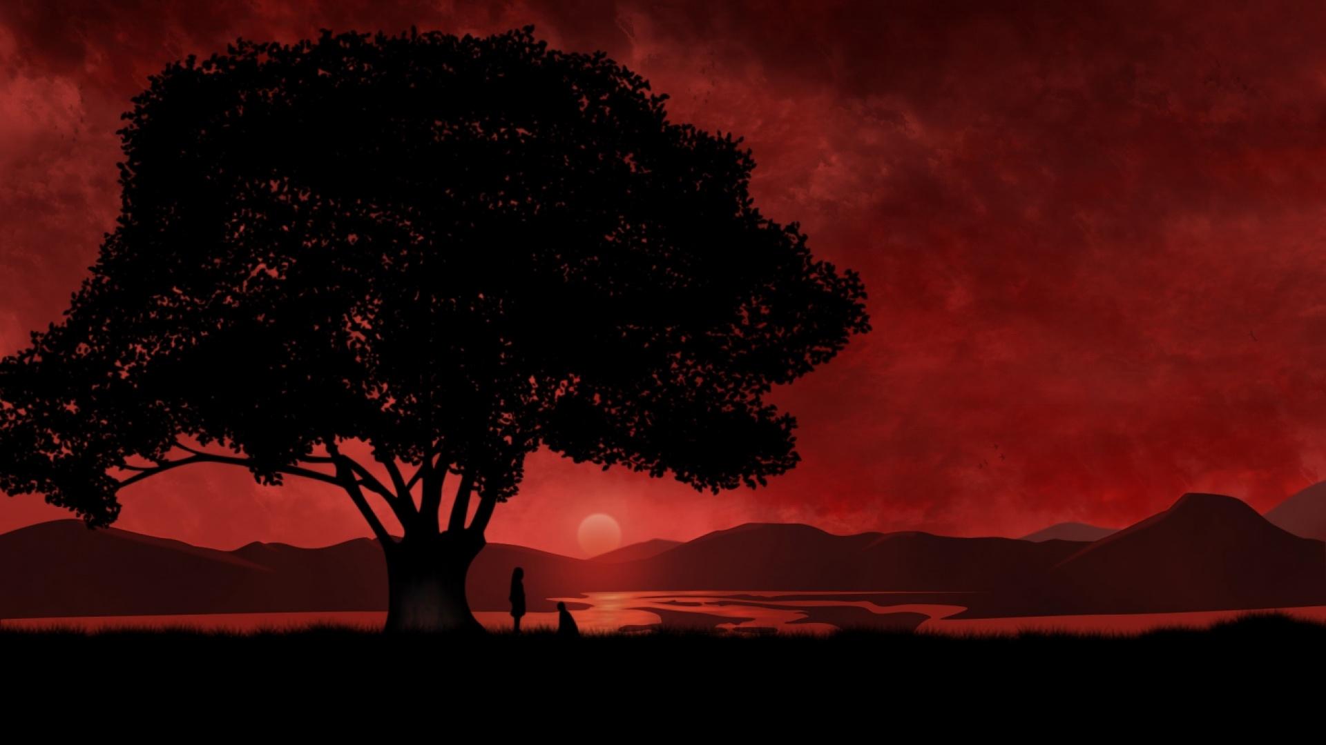 1920x1080 Anime Red Sunset & Tree desktop PC and Mac wallpapers