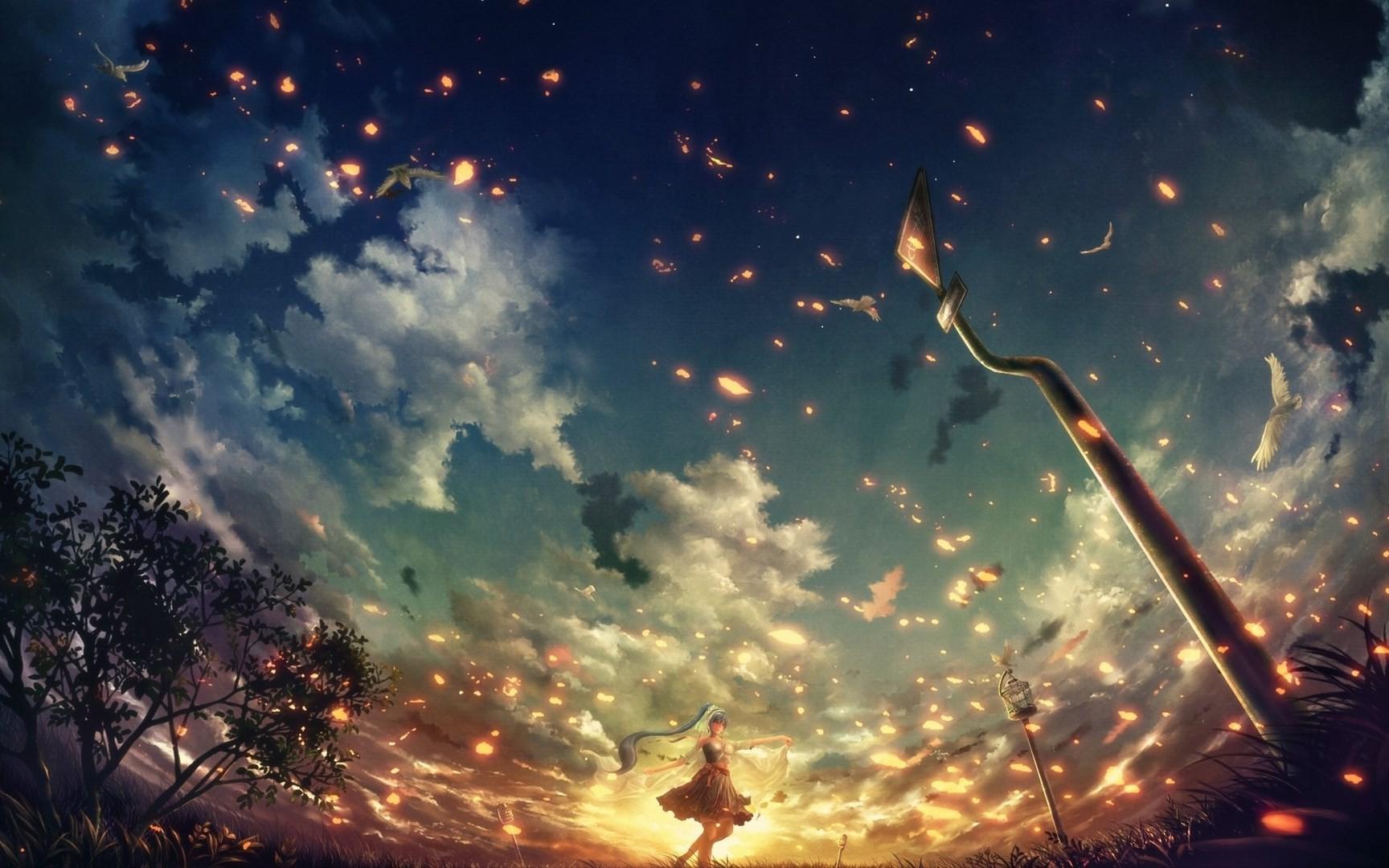 anime, Sunset, Clouds, Trees, Warning Signs, Hatsune Miku