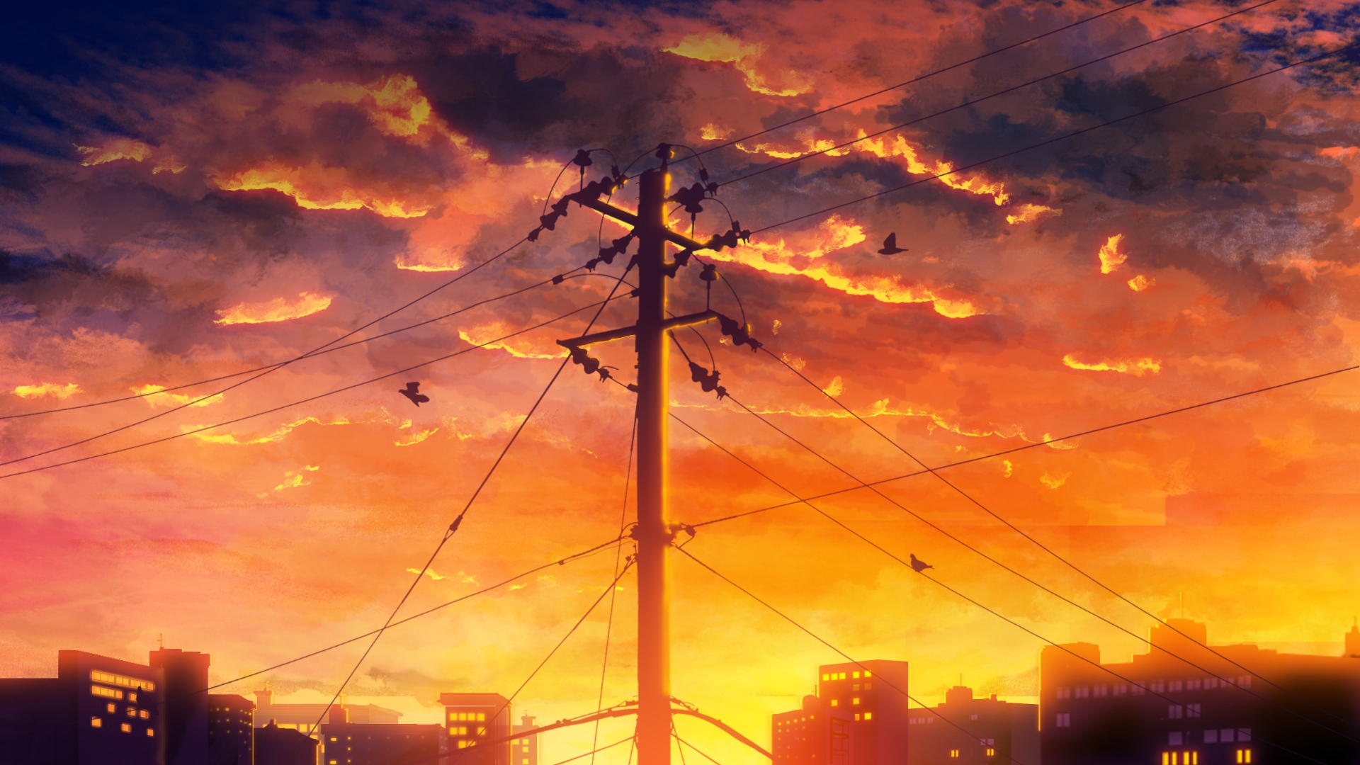 Download 1920x1080 Anime Sunset, Landscape, Birds, Clouds