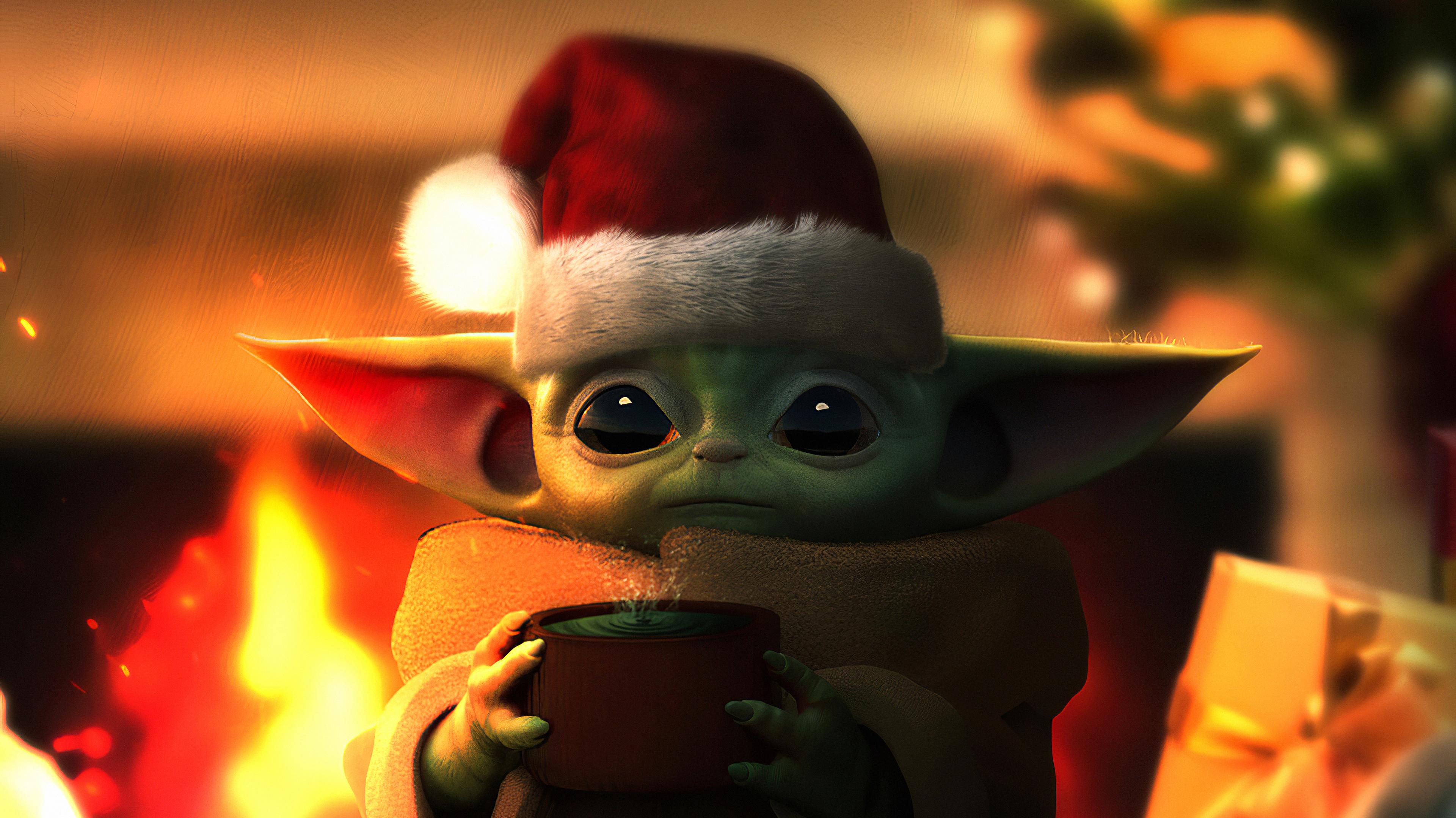 Baby Yoda wearing a santa hat 4k Ultra HD Wallpapers