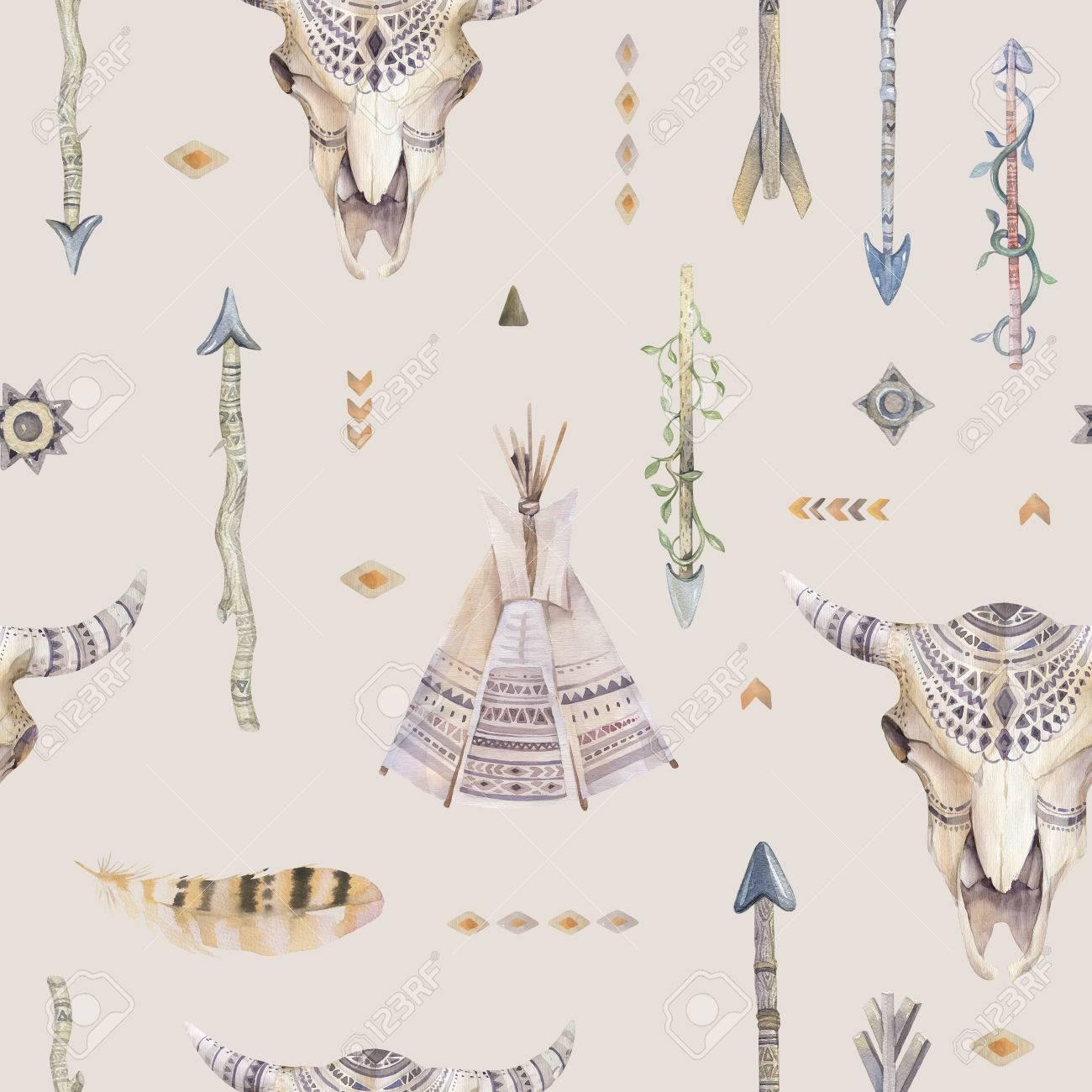 Free download Watercolor Boho Seamless Pattern With Teepee Arrows