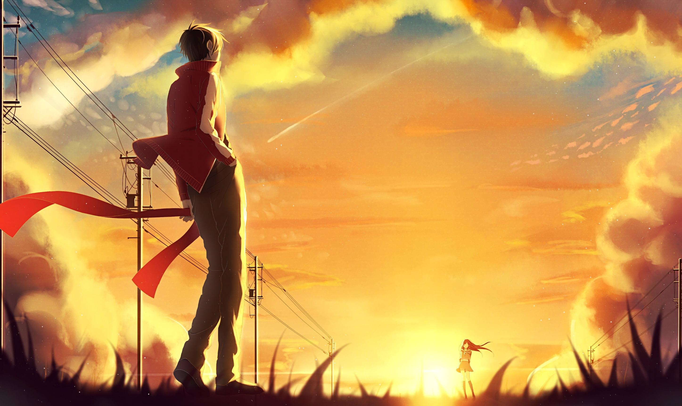 Boy and girl on sunset anime illustration HD wallpaper. Wallpaper