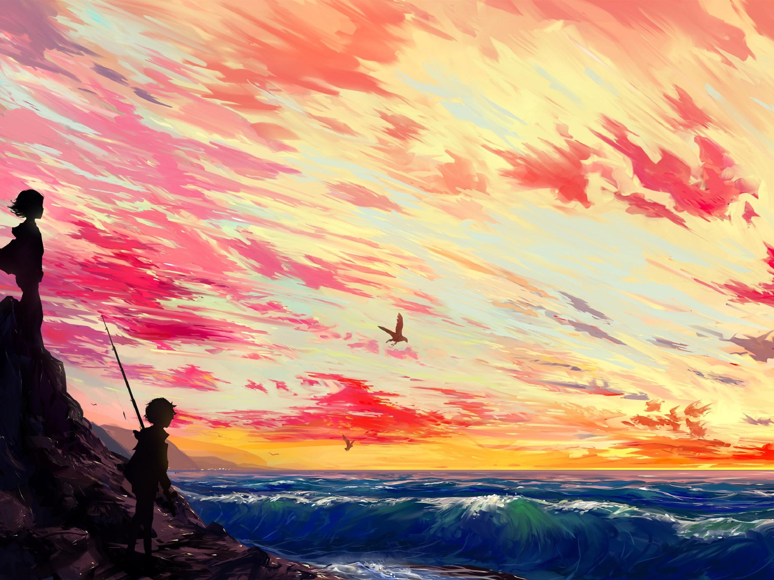 Wallpaper Beautiful anime picture, girl and boy, sea, clouds