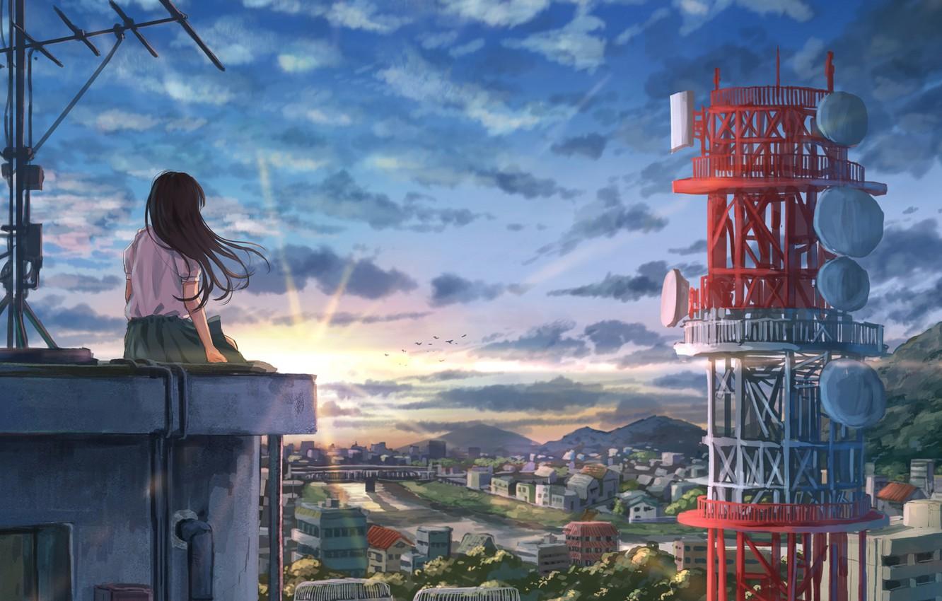 Photo Wallpaper Roof, Sunset, Girl