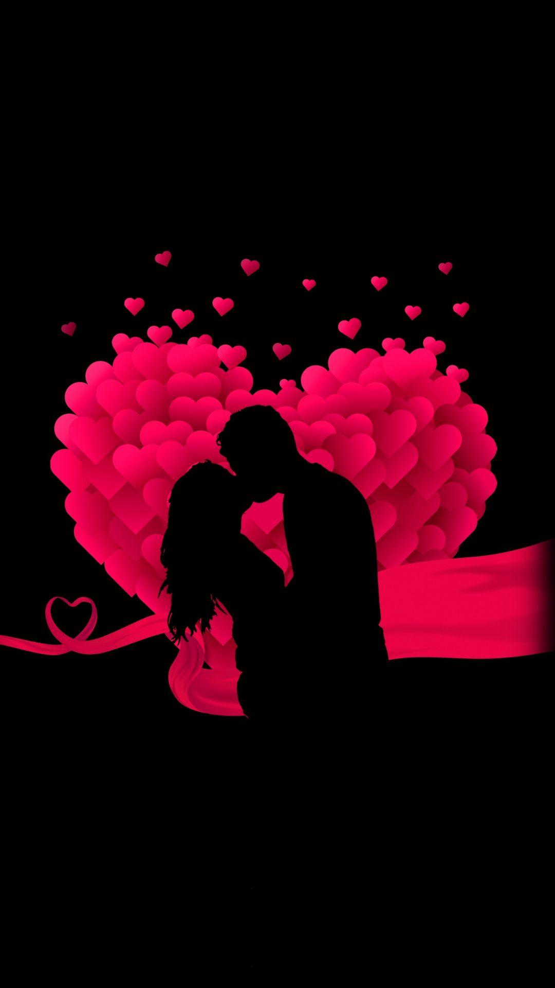 Couple, heart, love, minimal, kiss, silhouette, art, 1080x1920