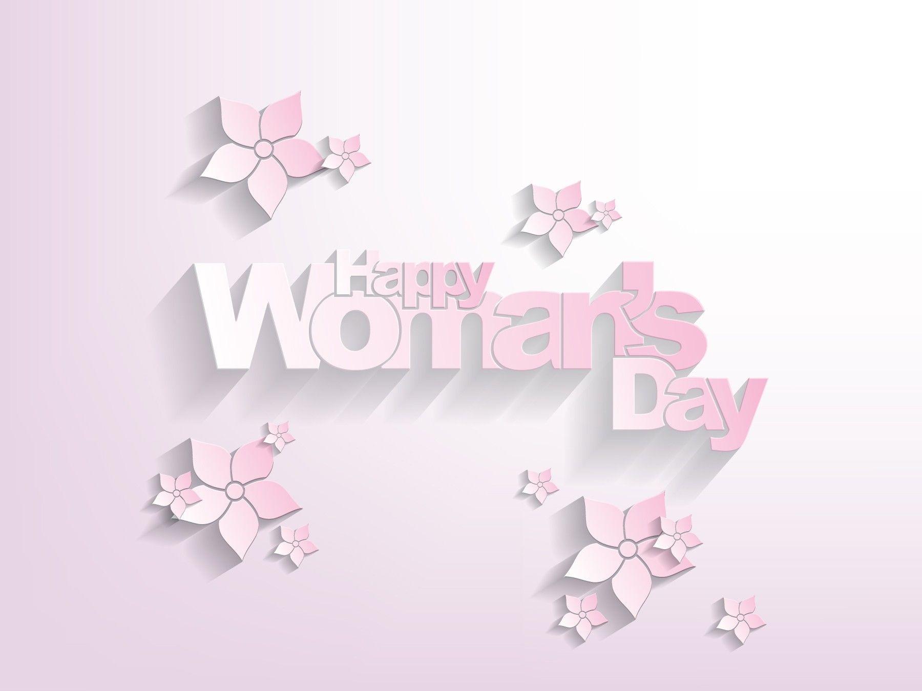Happy woman's day with flowers on pink background. Ladies day