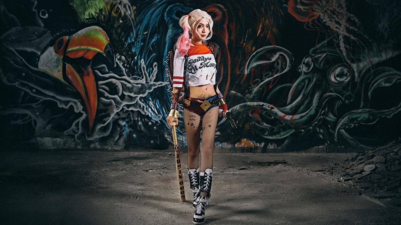 Picture Harley Quinn hero cosplayers Baseball bat young 1366x768