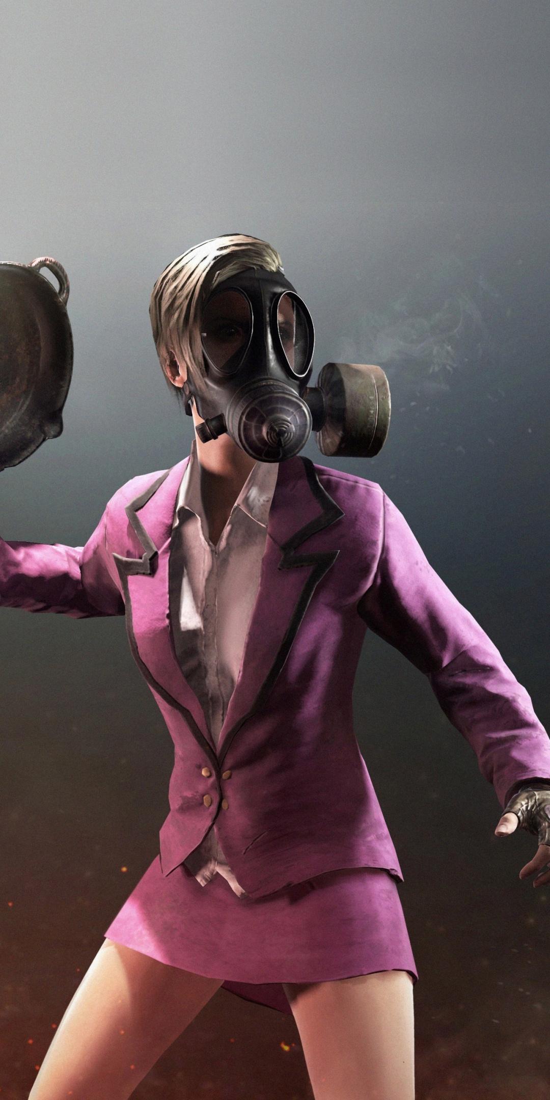 Download 1080x2160 wallpaper pubg battle royale, woman in gas mask