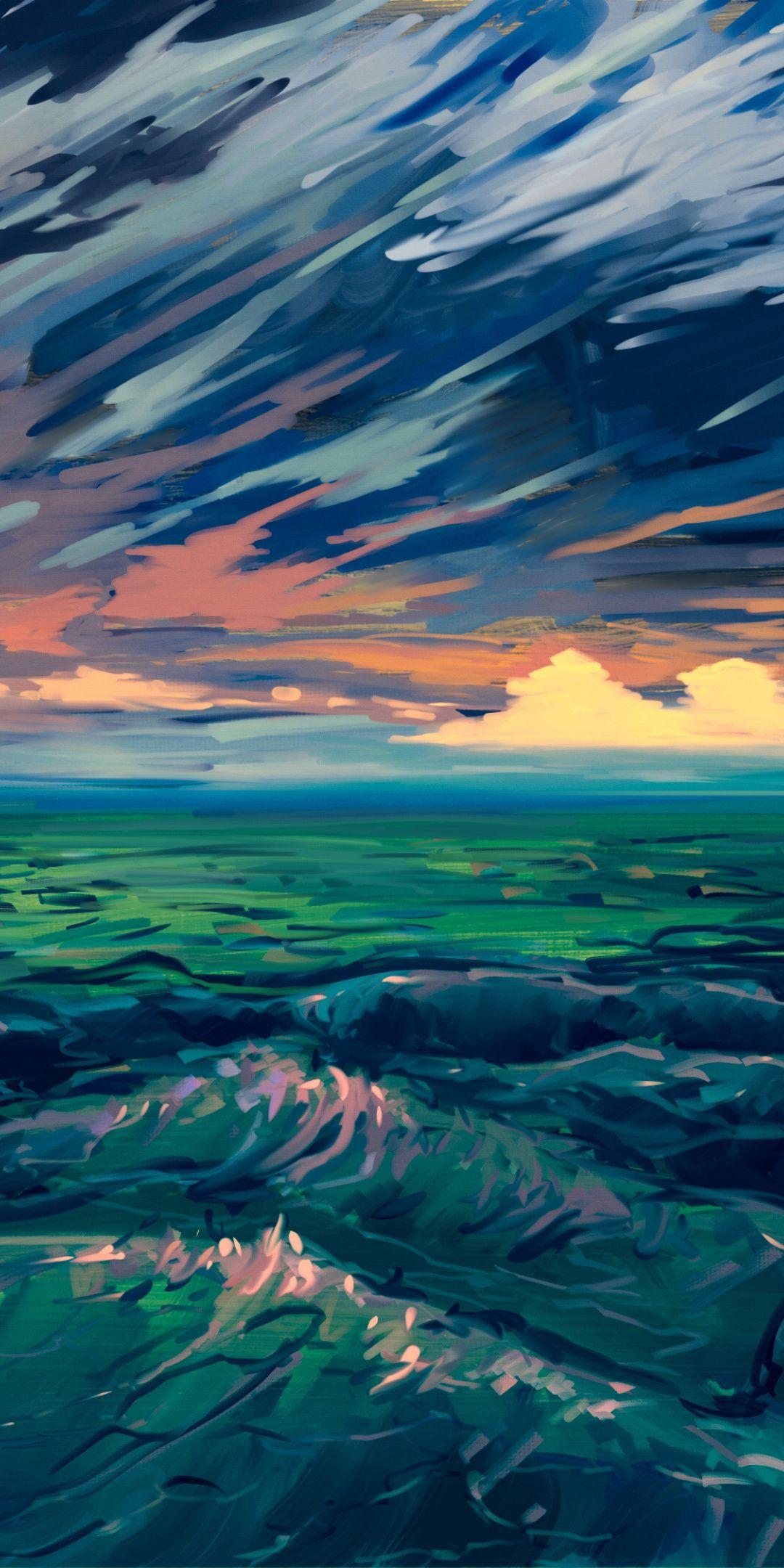 Scenery, sea waves, sea, clouds, digital art, 1080x2160 wallpaper