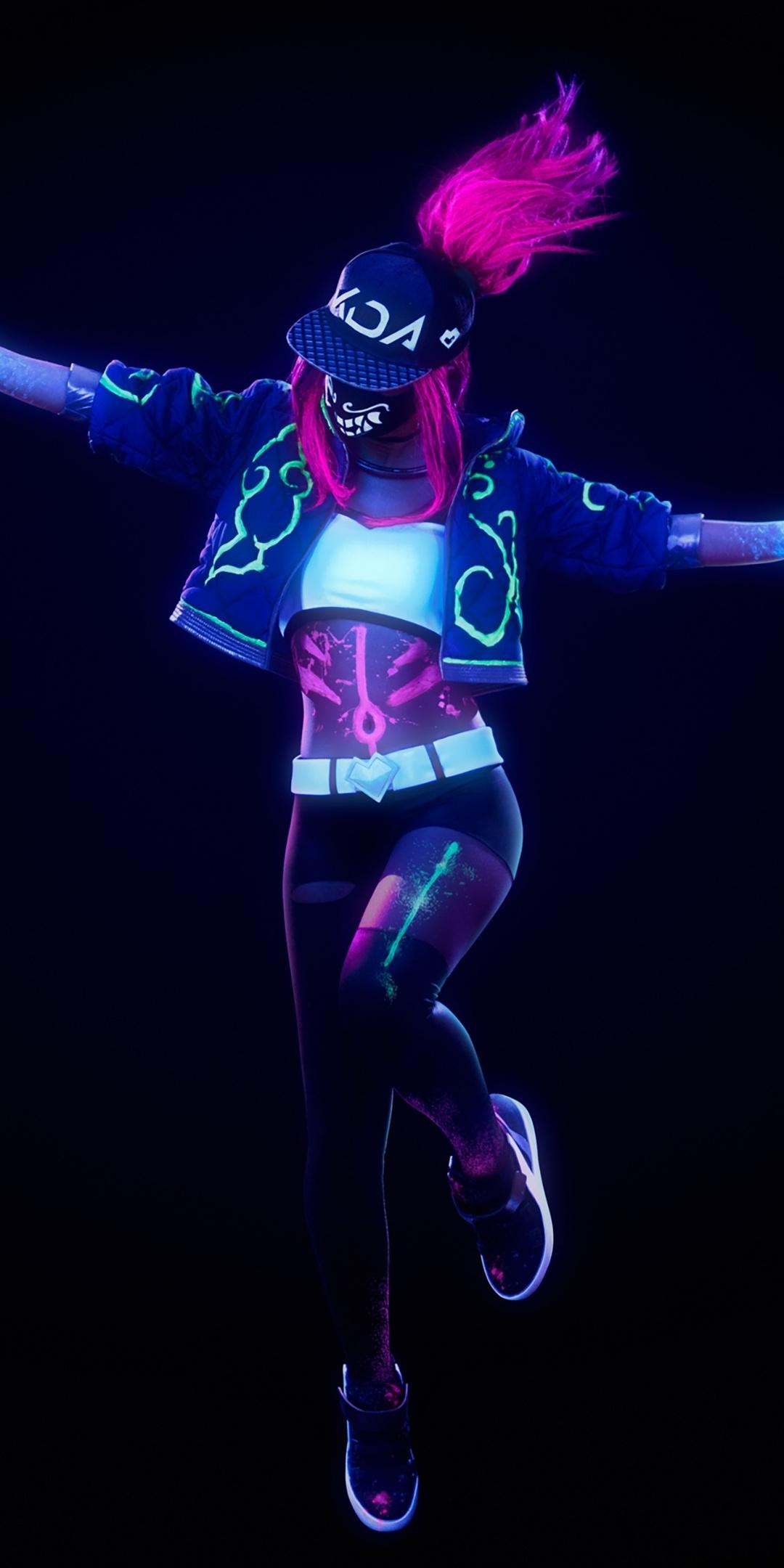 Download 1080x2160 wallpaper kda, akali, league of legends, neon