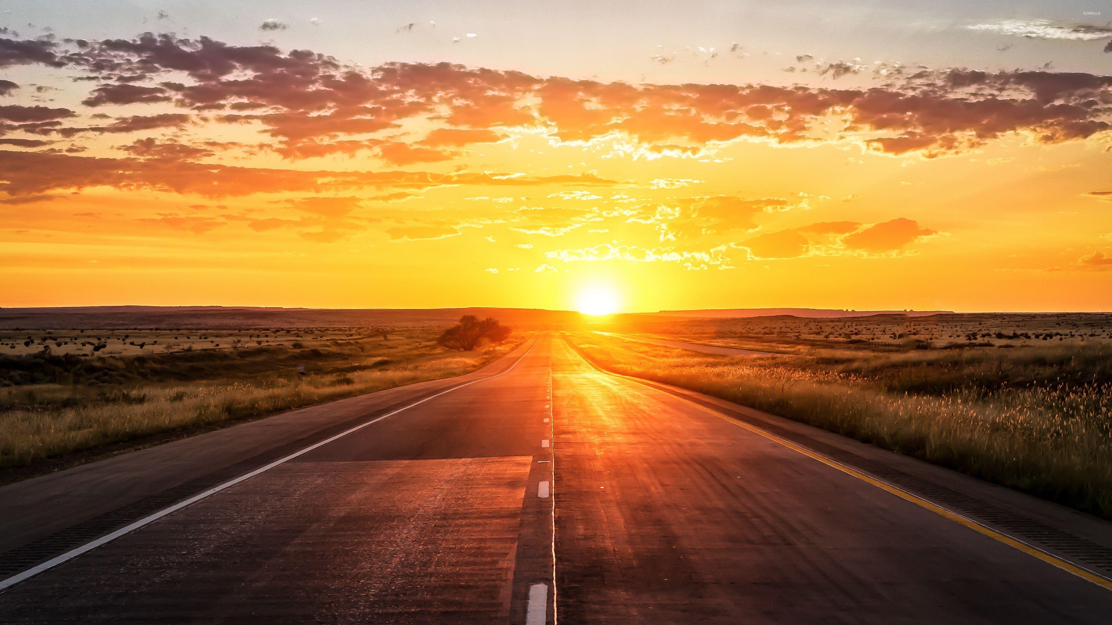 Road Towards The Golden Sunset Wallpaper And Sunset