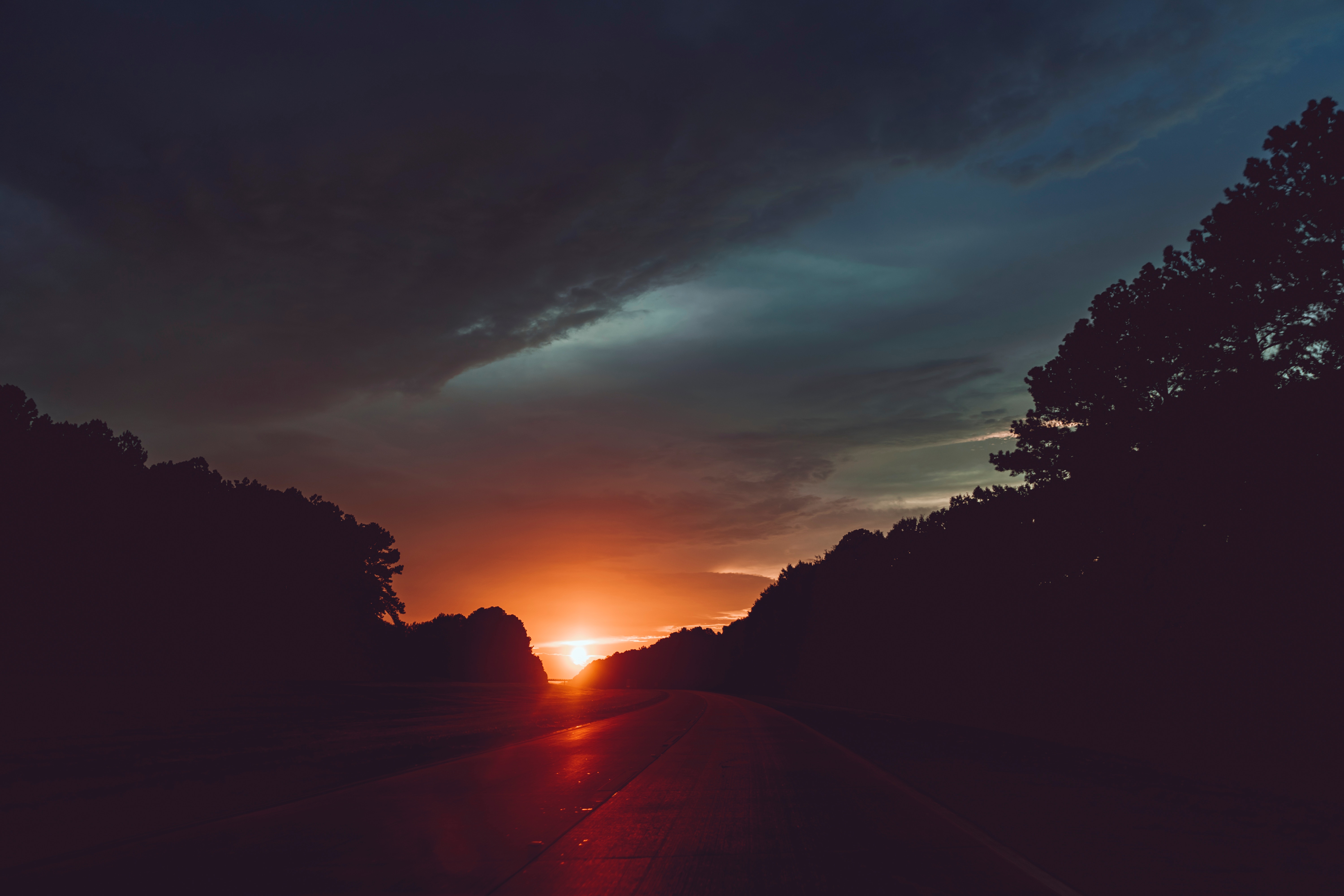 Download wallpaper 6000x4000 road, sunset, sky, clouds, turn HD