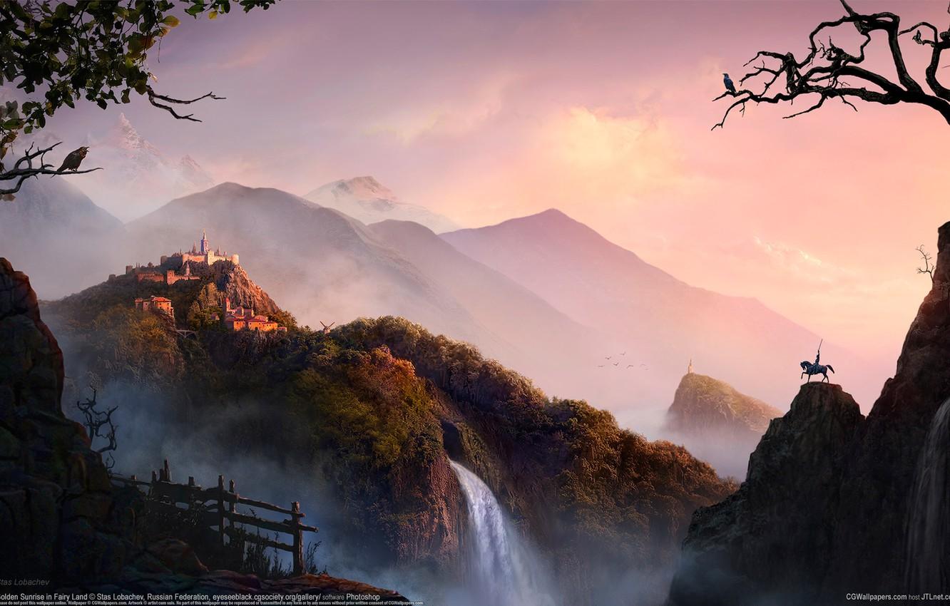 Wallpaper road, mountains, sunrise, castle, the fence, waterfall