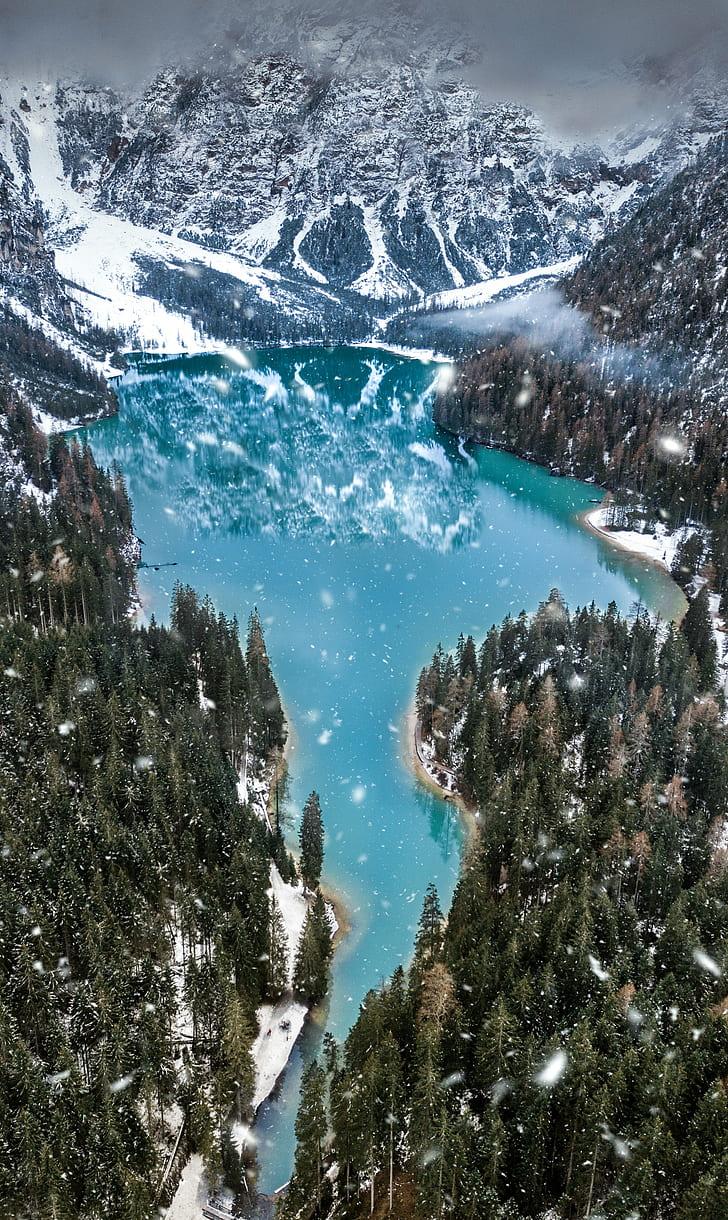 HD wallpaper: mountains, lake, winter, snowfall, aerial view