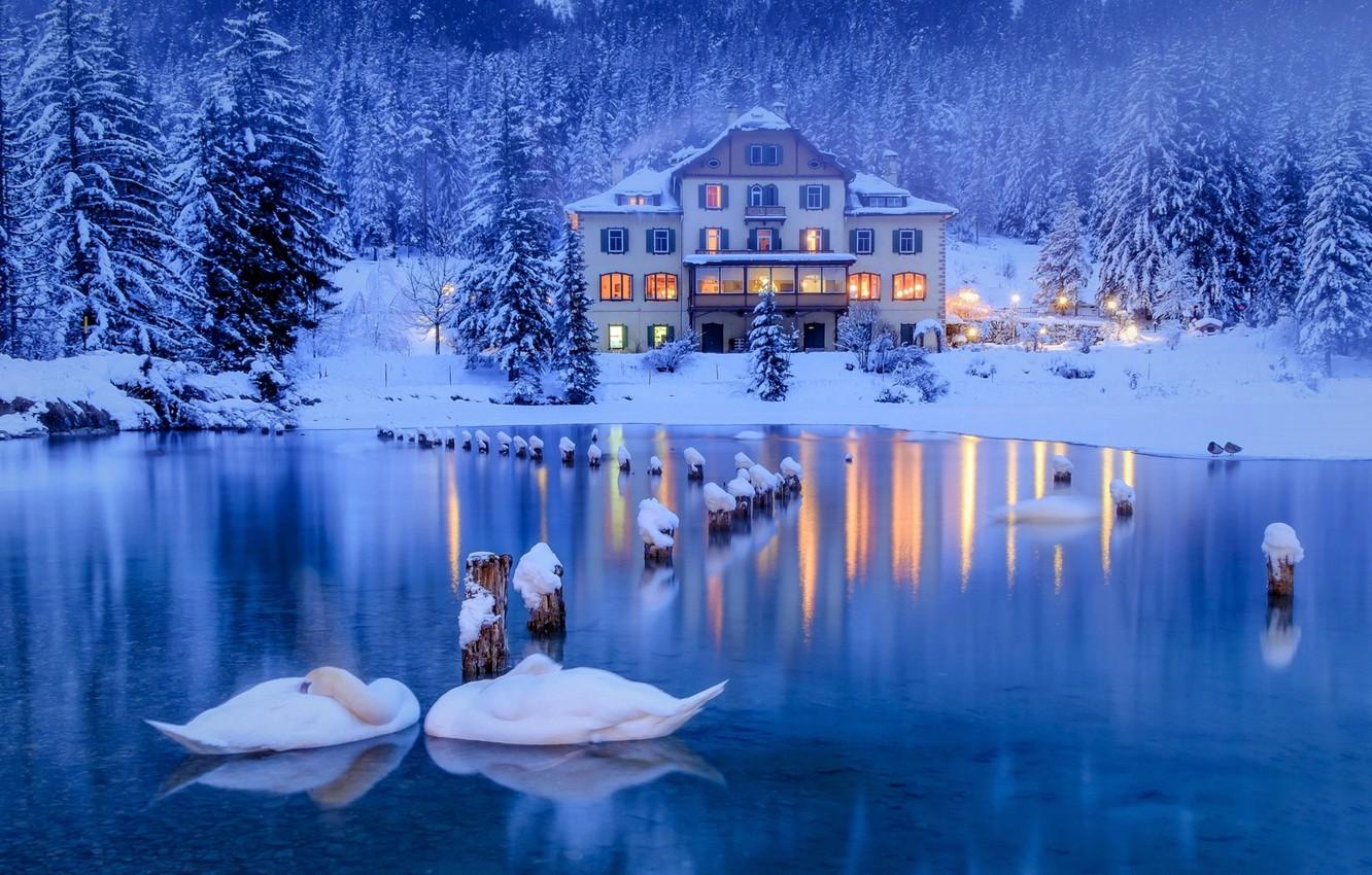 Wallpaper winter, snow, trees, birds, lake, house, ate, Alps