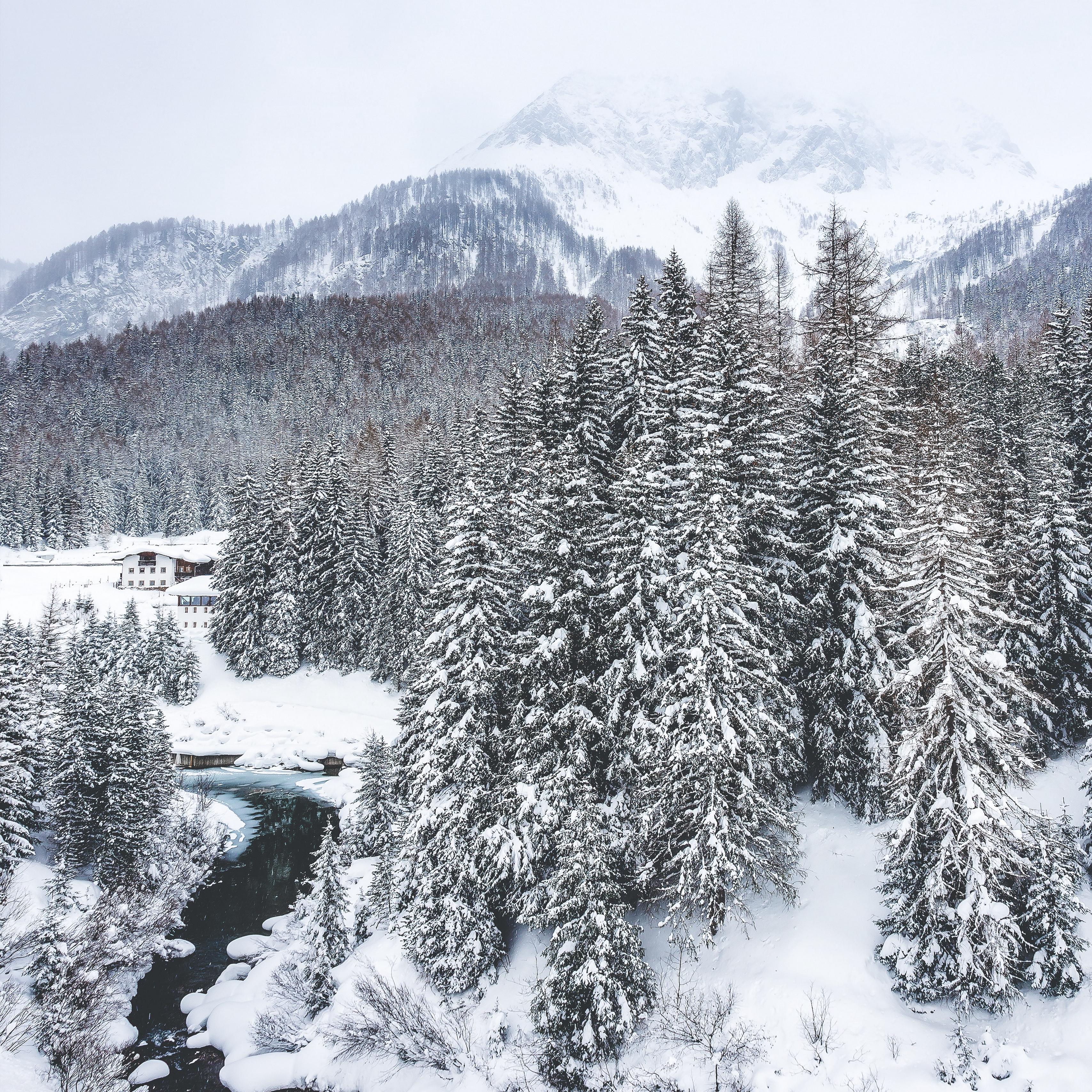 Download wallpaper 3415x3415 winter, snow, mountains, aerial view